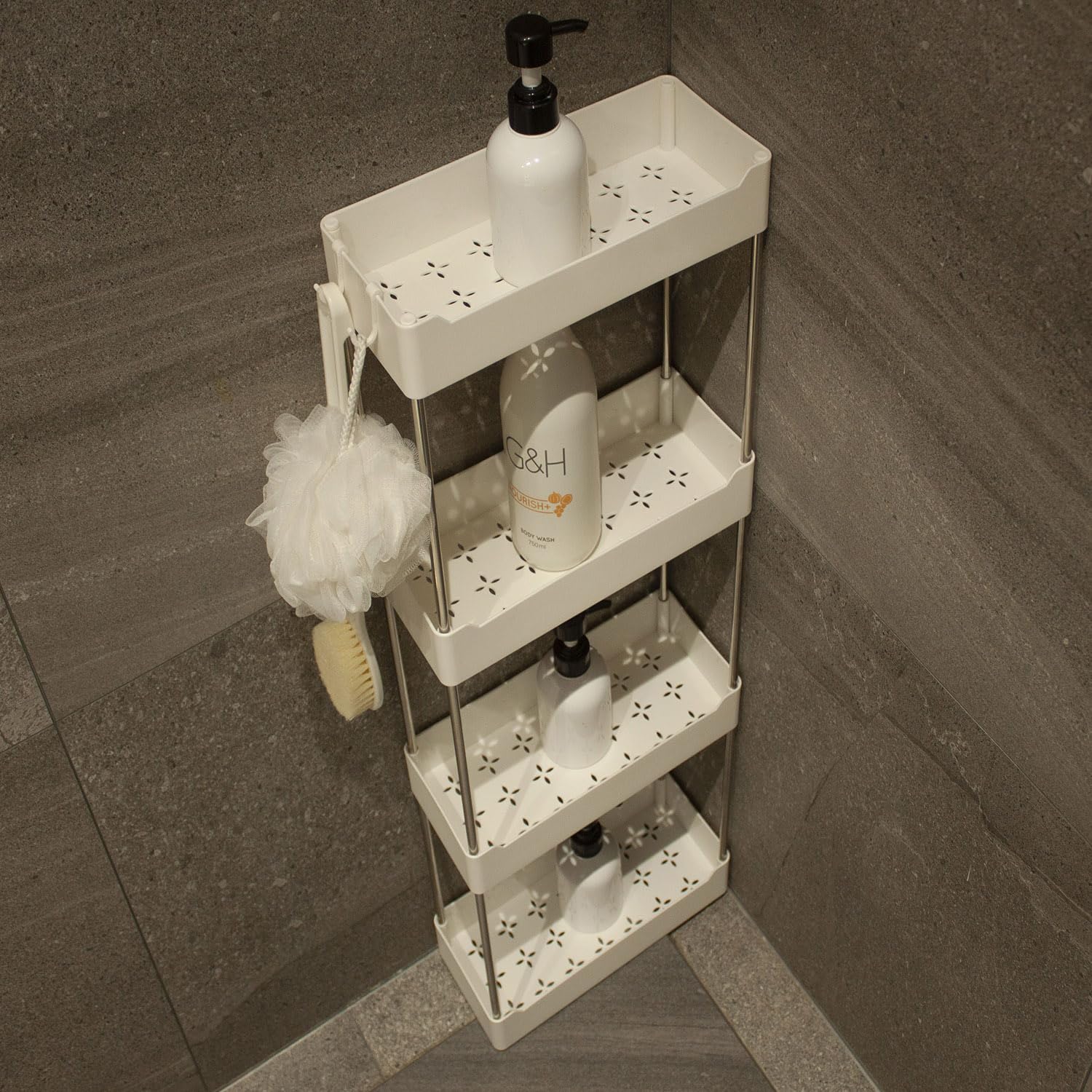 Estante organizador de ducha de 4 niveles de 12.59 x 5.51 x 30.71 pulgadas, estante de plástico para almacenamiento de ducha y cocina (blanco)