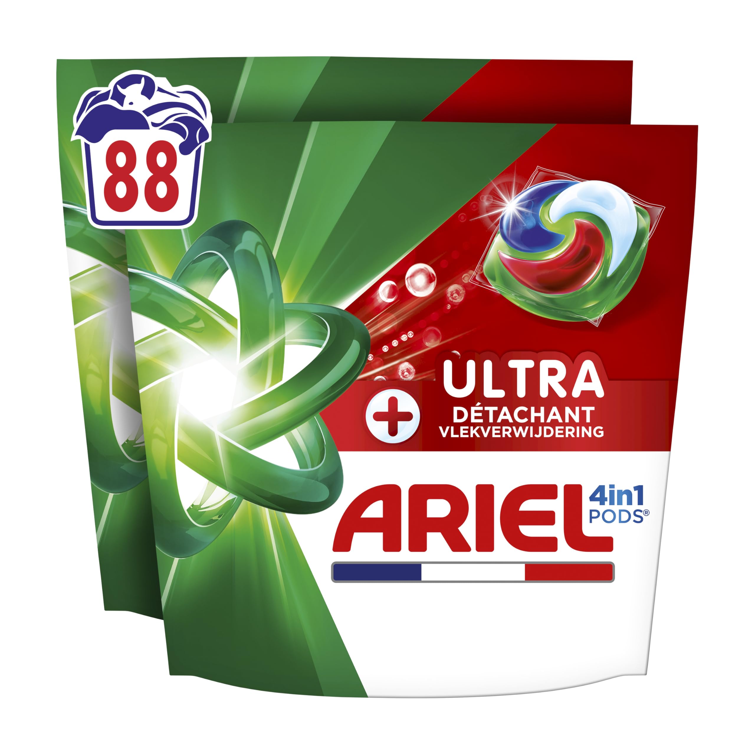 Ariel PODS 4en1 +Ultra Détachant, Lessive en Capsule, 88 Lavages (2x44), Élimine Même les Tâches Incrustées Depuis 7 Jours, Dissolution Rapide Même à Froid, Fabriqué en France
