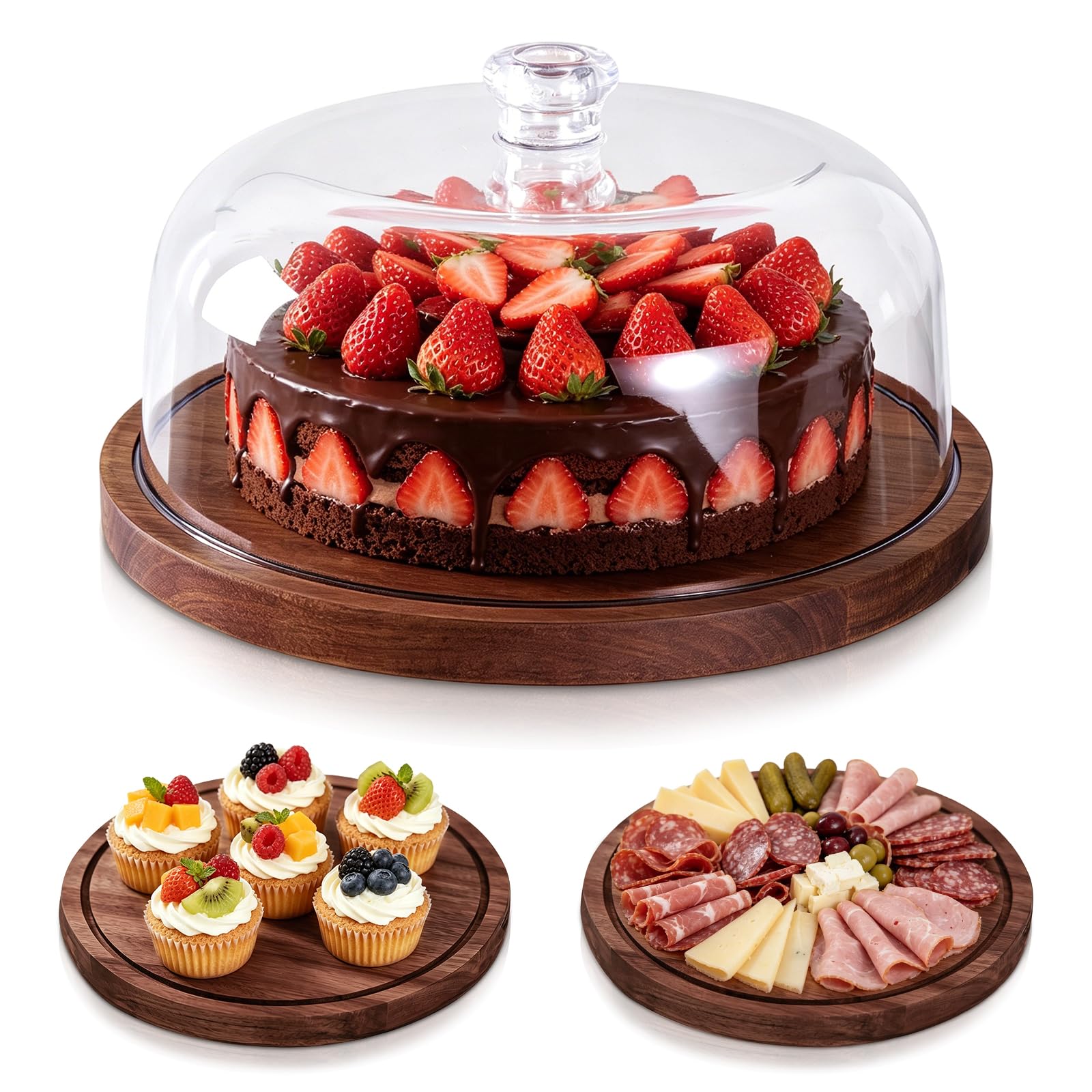 Buachois Soporte para Pastel con Tapa de Madera, Ø 30 cm / 12 Pulgadas Pastel Tapa, 2 en 1 Mesa de Pantallas de Charcutería de Redondo de Exhibición de Postres con Cúpula de Acrílico para Bandeja