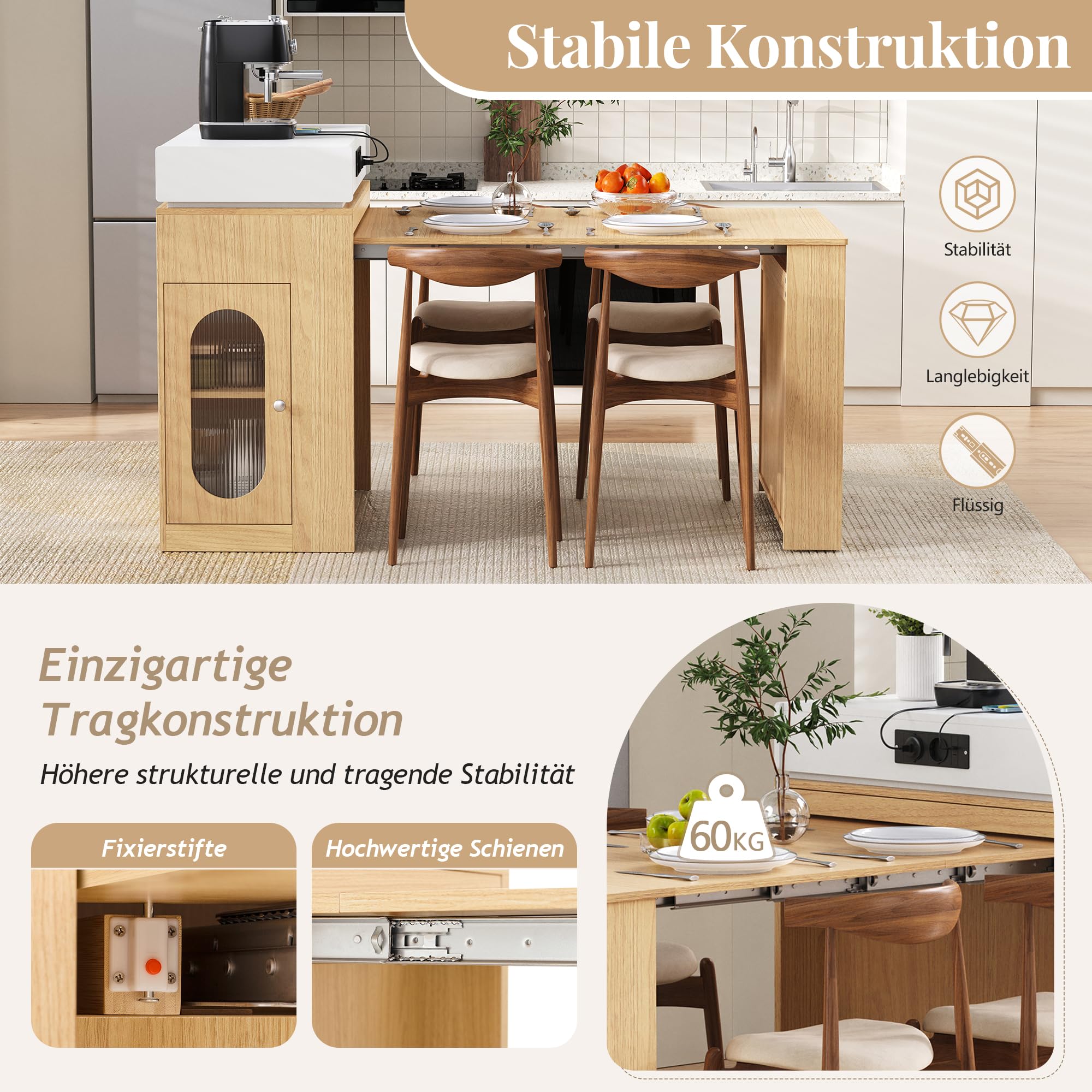 Îlot Central Cuisine avec Rangement, Table Extensible et Prises, Meuble Îlot de Cuisine avec Portes en Verre et Plan de Travail