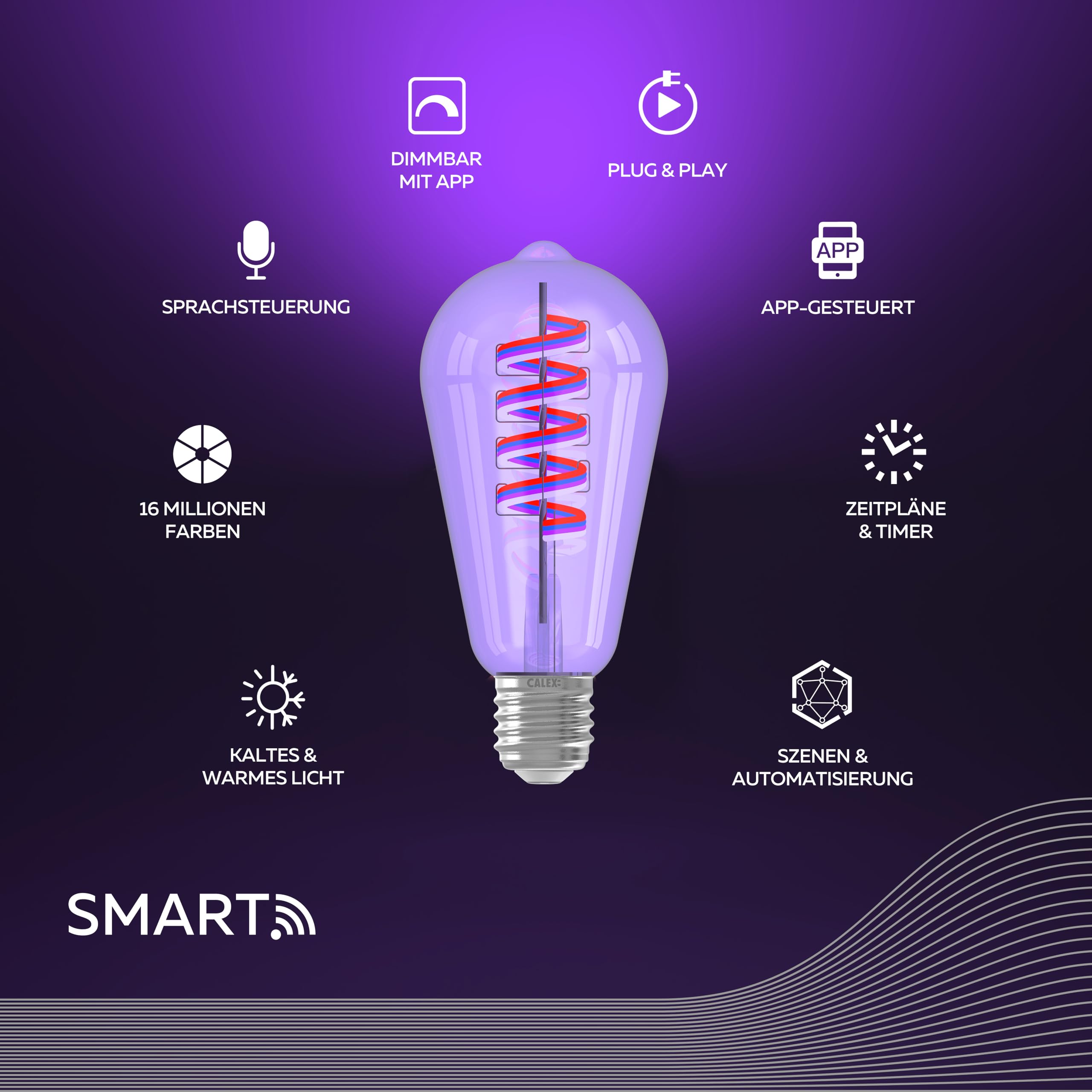 CALEX Smart Lampe Filament, E27 Edison ST64, RGB WLAN Lampe mit App und Alexa Sprachsteuerung und Google Home, Dimmbar Wifi LED Leuchtmittel, 5W (3er Pack)