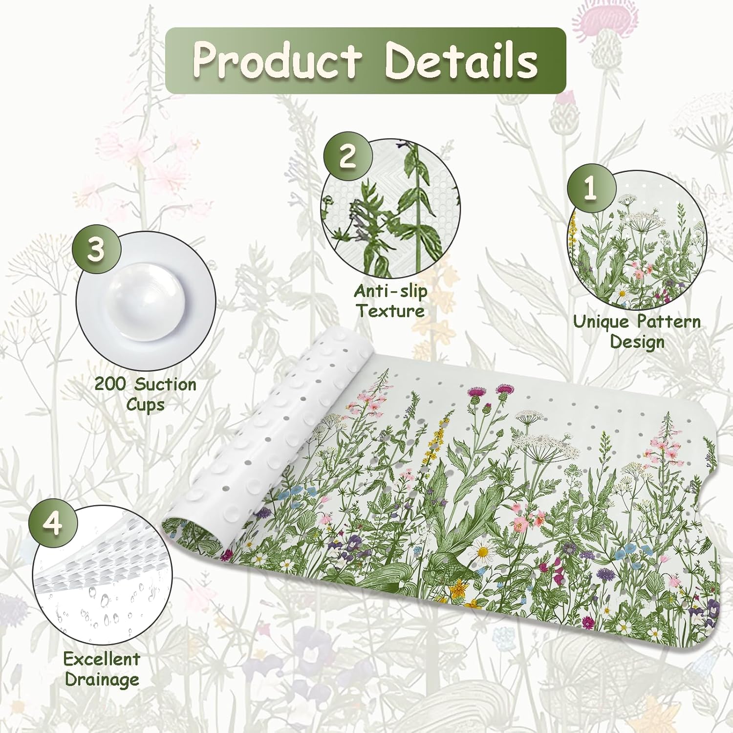 Non Slip Bathtub Mat, Flower Bath Mat for Tub, Extra Long Bathtub Mat Shower Mat with Suction Cups and Drain Holes for Elderly Kids Toddler Baby 40 X 16 Inch