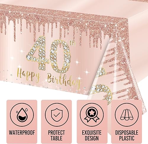 Miniatura 3 de 3 paquetes de mantel de cumpleaños número 40 rosa y dorado - mantel desechable de plástico rectangular para fiesta