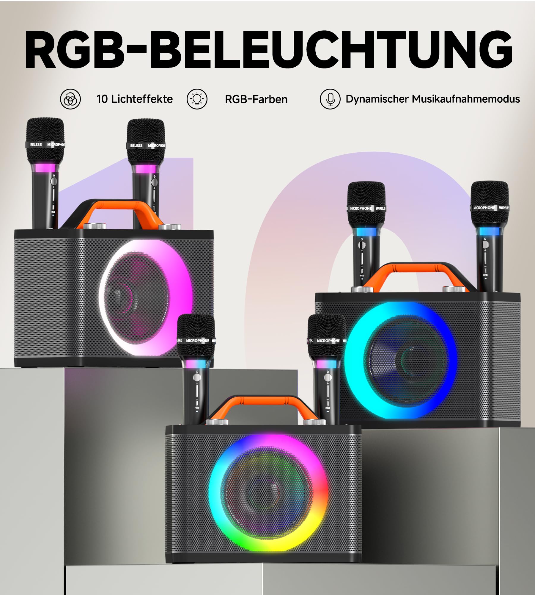 Karaoke Maschine mit 2 Kabellosen RGB-Mikrofonen – 5200 mAh Karaoke mit 10 RGB-Modi, unabhängiges Bedienfeld, 13-Stunden-Wiedergabe, Hi-Fi-Sound, Karaoke unterstützt AUX/USB/TF-Karte/USB/Coax (grau)