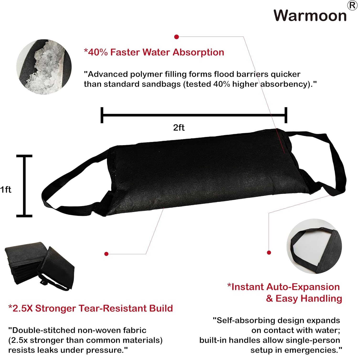 1FT*2FT Warmoon Self-Absorbing Flood Bags with Handles for US Homes - Ideal Barriers for Doorways, Garages & Basements (1ft*2ft (Pack of 10)) image 2