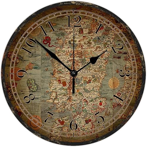 Reloj de pared de madera de 10 pulgadas, silencioso, fácil de leer, estilo vintage, mapa del viejo mundo, reloj redondo de madera, estilo rural,