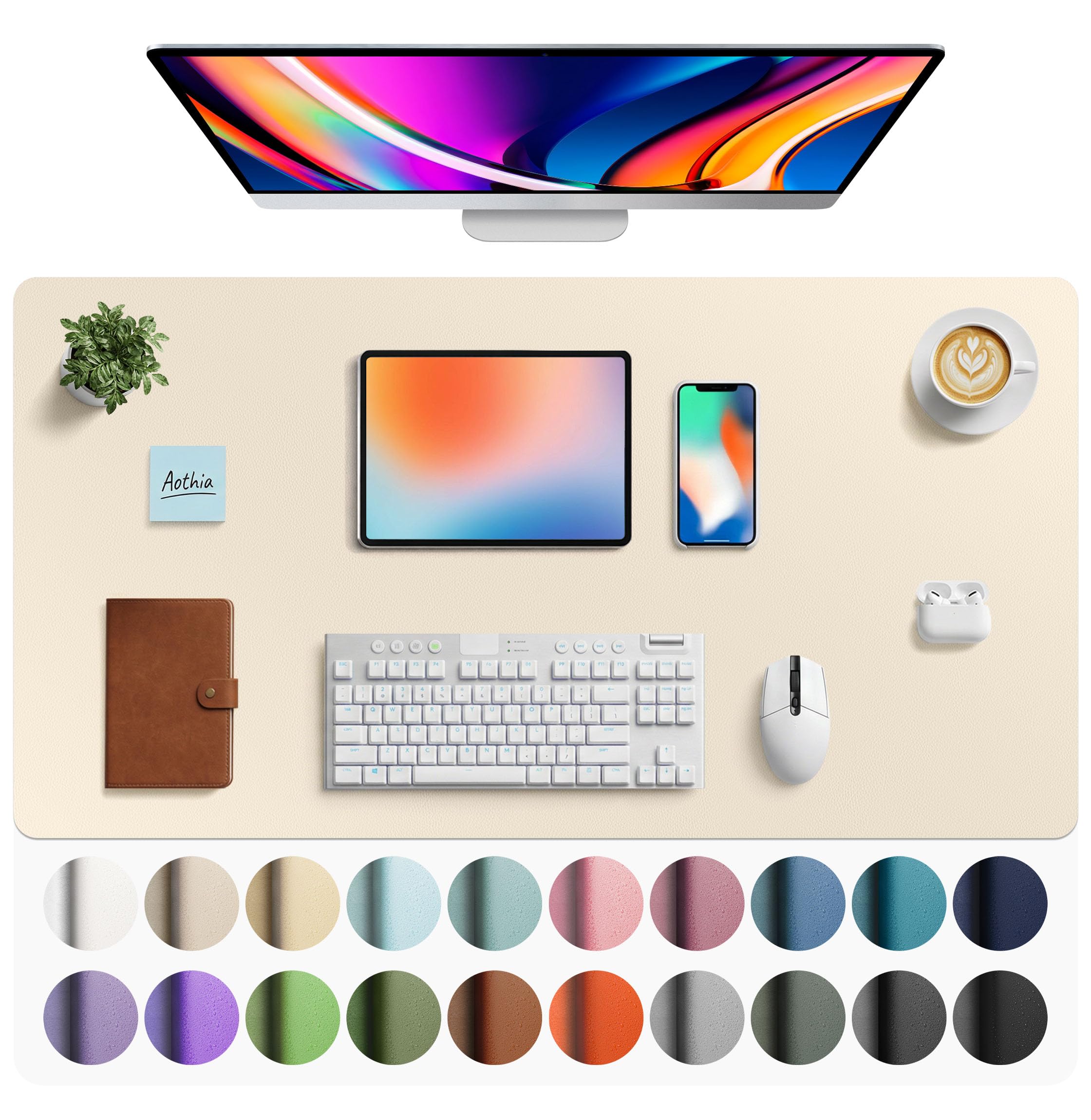Aothia Faux Leather Desk Mat - Large Mouse Pad, Non-Slip PU Leather Blotter, Waterproof Writing Surface for Office and Home (Beige, 40" x 24")