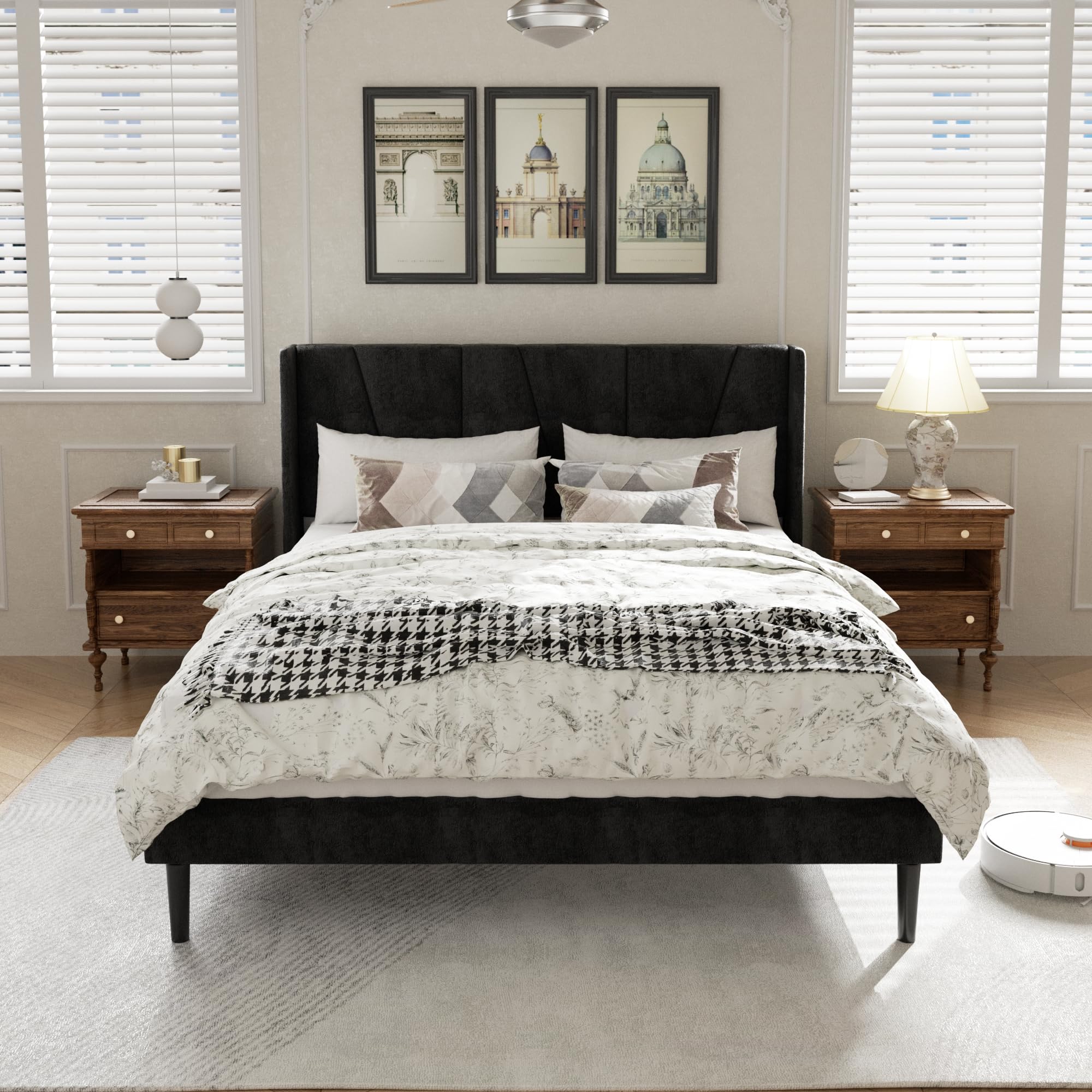 Queen Size Bed Frame with Headboard, Velvet Upholstered Platform Bed Frames, Contemporary Mattress Foundation, Noise Free, No Box Spring Needed, Easy Assembly, Black