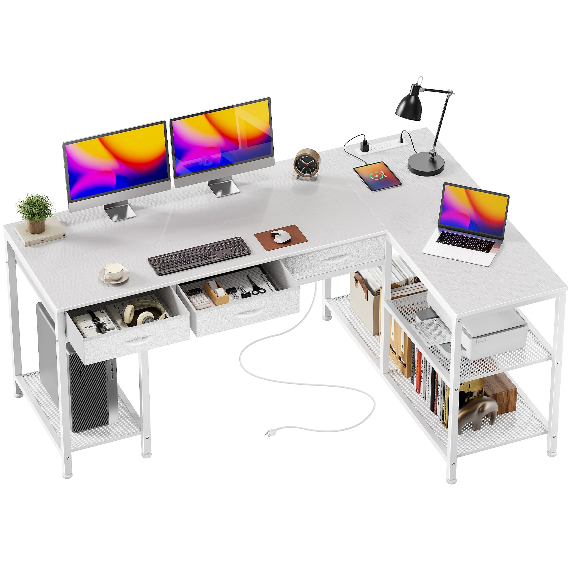 PRAISUN 55 Inch L Shaped Office Desk with Power Outlets and Type-C Port