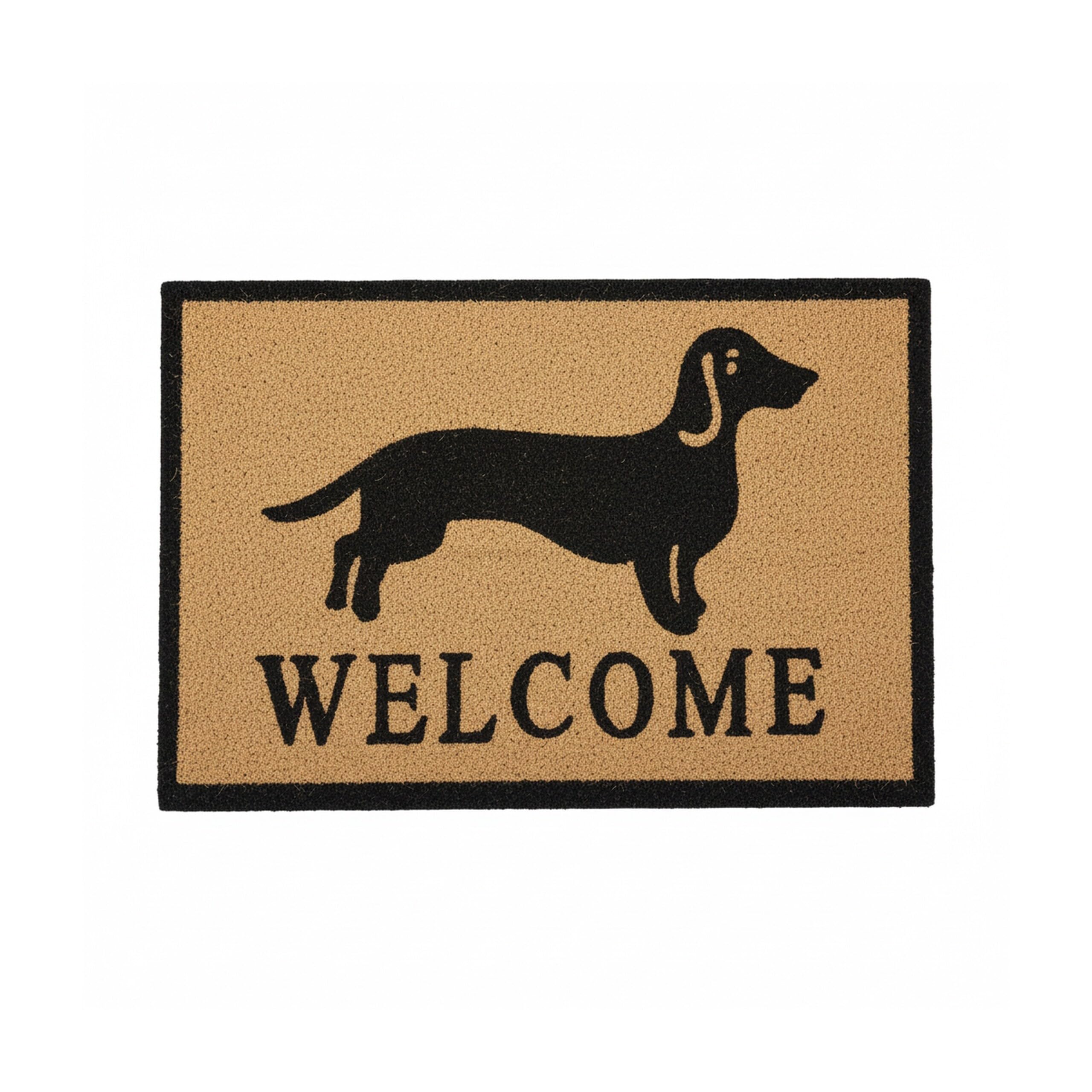 Relaxdays Zerbino con Bassotto, Fibra di Cocco, Frase Welcome, Interni ed Esterni, 40x60 cm, Antiscivolo, Naturale/Nero
