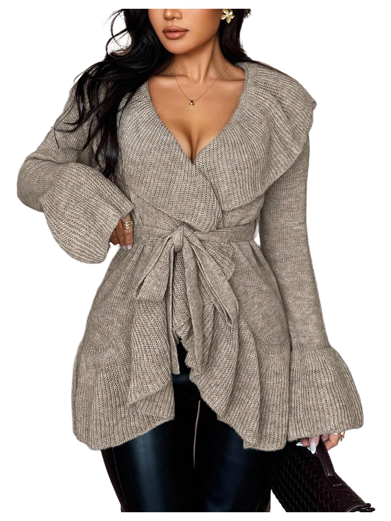 GORGLITTER Womens Ruffle Cardigan Sweaters Long Sleeve Lapel Belted Open Front Lightweight Fall Trendy Sweater