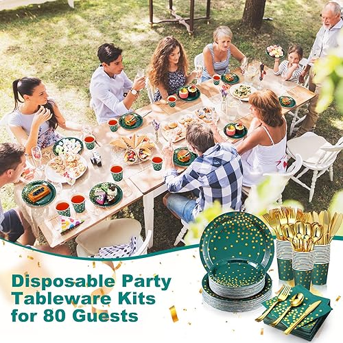 Miniatura 6 de 560 piezas de suministros de fiesta verde oscuro y dorado para 80 invitados, juegos de vajilla desechables, platos de papel verde, servilletas,