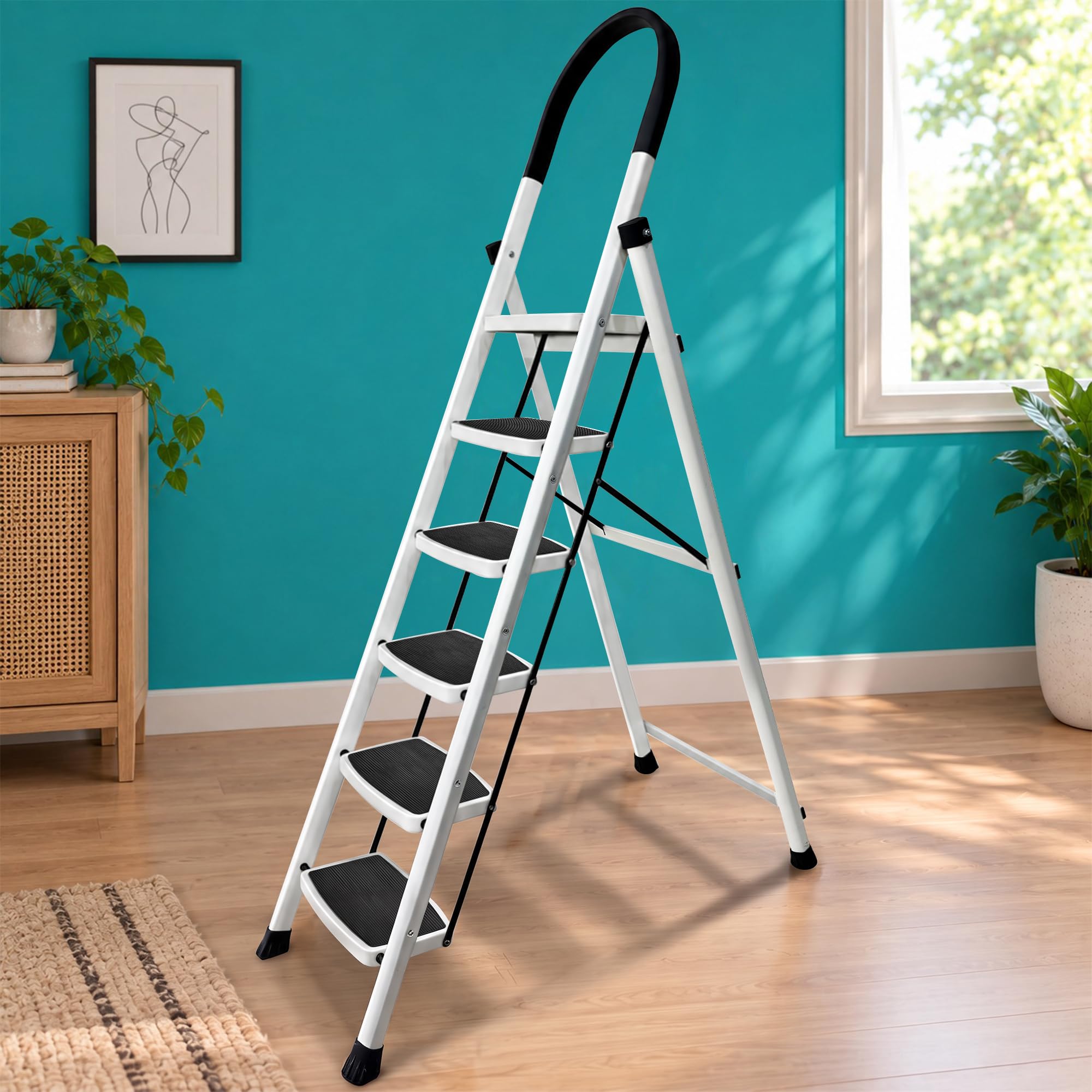HOUZA Steel Ladder for Home 7 Steps Foldable with Anti-Skid Wide Steps (30cm x 20cm) | 7 Step Ladder for Home Use with D-Shape Rods | Secure Lock | 150 Kg Capacity Folding Ladder | 5 Year Warranty — Amazon image 15