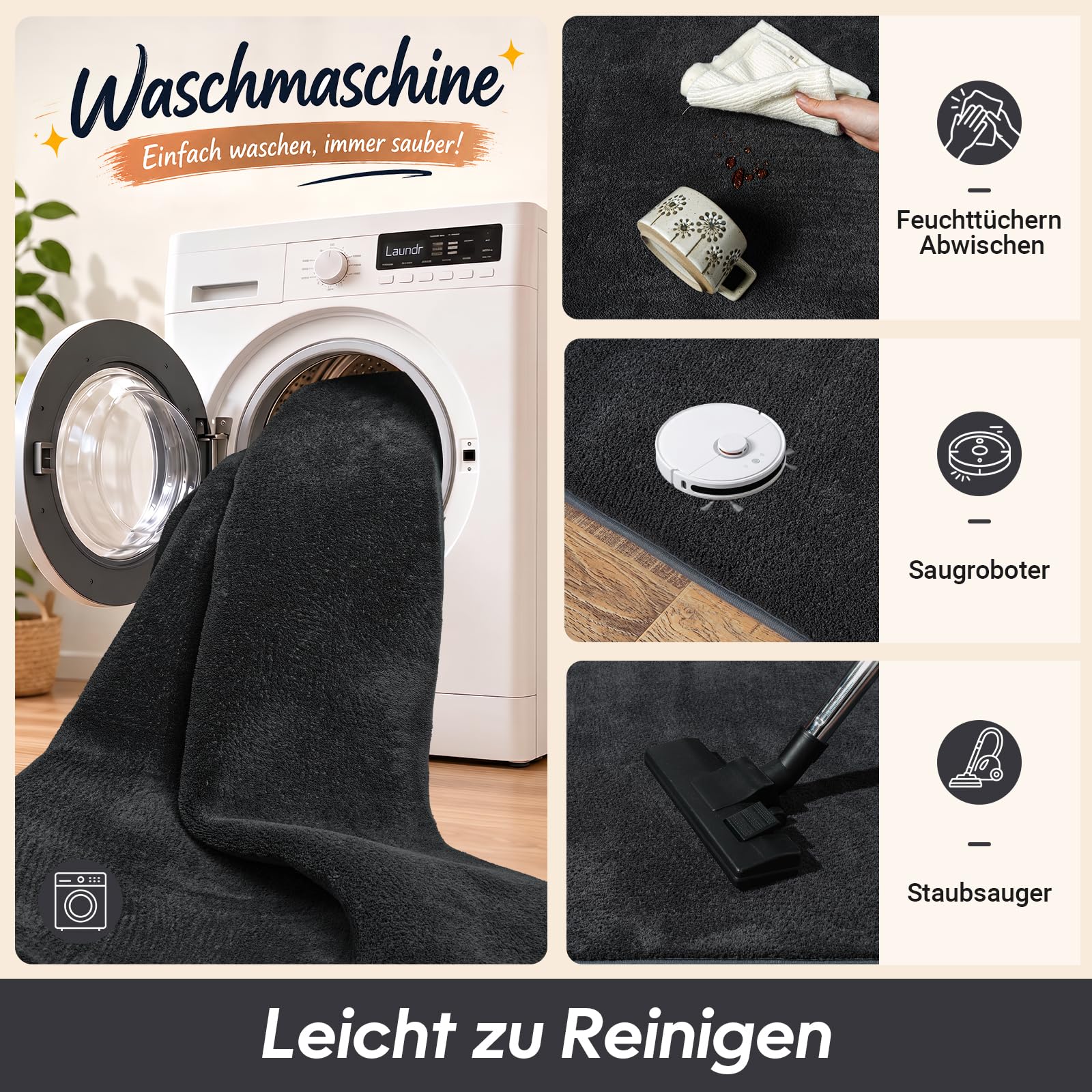 Teppich Wohnzimmer Groß 160x230cm Flauschiger Waschbarer Teppiche Anthrazit | Teppich Kurzflor Weich Rutschfest wohnzimmerteppich Carpet für Schlafzimmer Kinderzimmer Flur und Büro