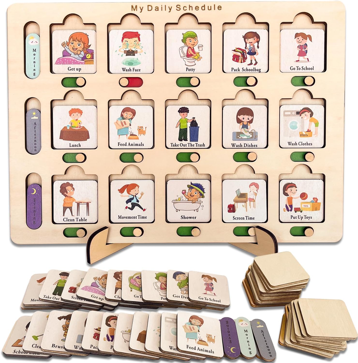 Wooden Visual Schedule for Kids Chore Chart Morning Bedtime Routine Chart for Toddlers Kids Daily Routine Chart Visual Schedule for Kids with Autism Daily Schedule Board for Home School Classroom