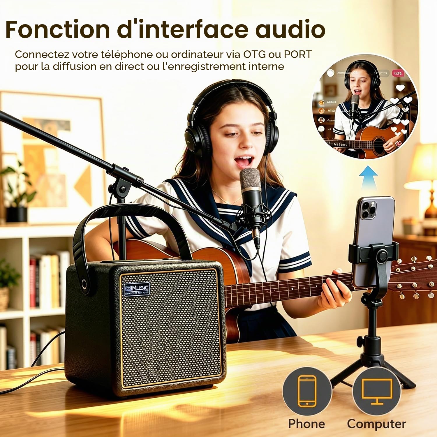 Coolmusic 30W Ampli Guitare Electrique Acoustique BT Portable Ampli Guitare Haut-Parleur avec Entrée Microphone Prise en Charge du Volume des Basses Contrôle des Aigus Effet de Réverbération