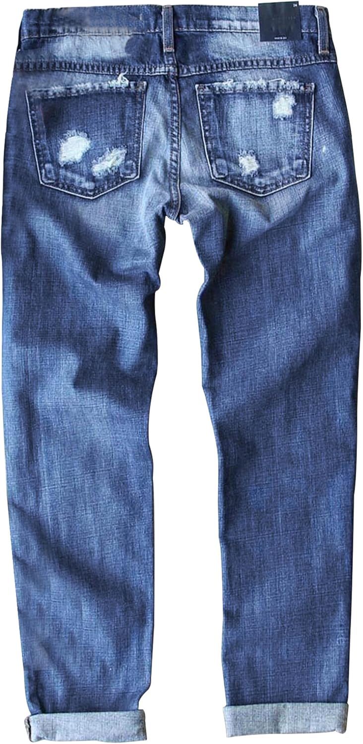 Ripped Patch Jeans for Womens Plaid Patch Boyfriend Skinny Distressed Casual Denim Pants with Hole - Image 4