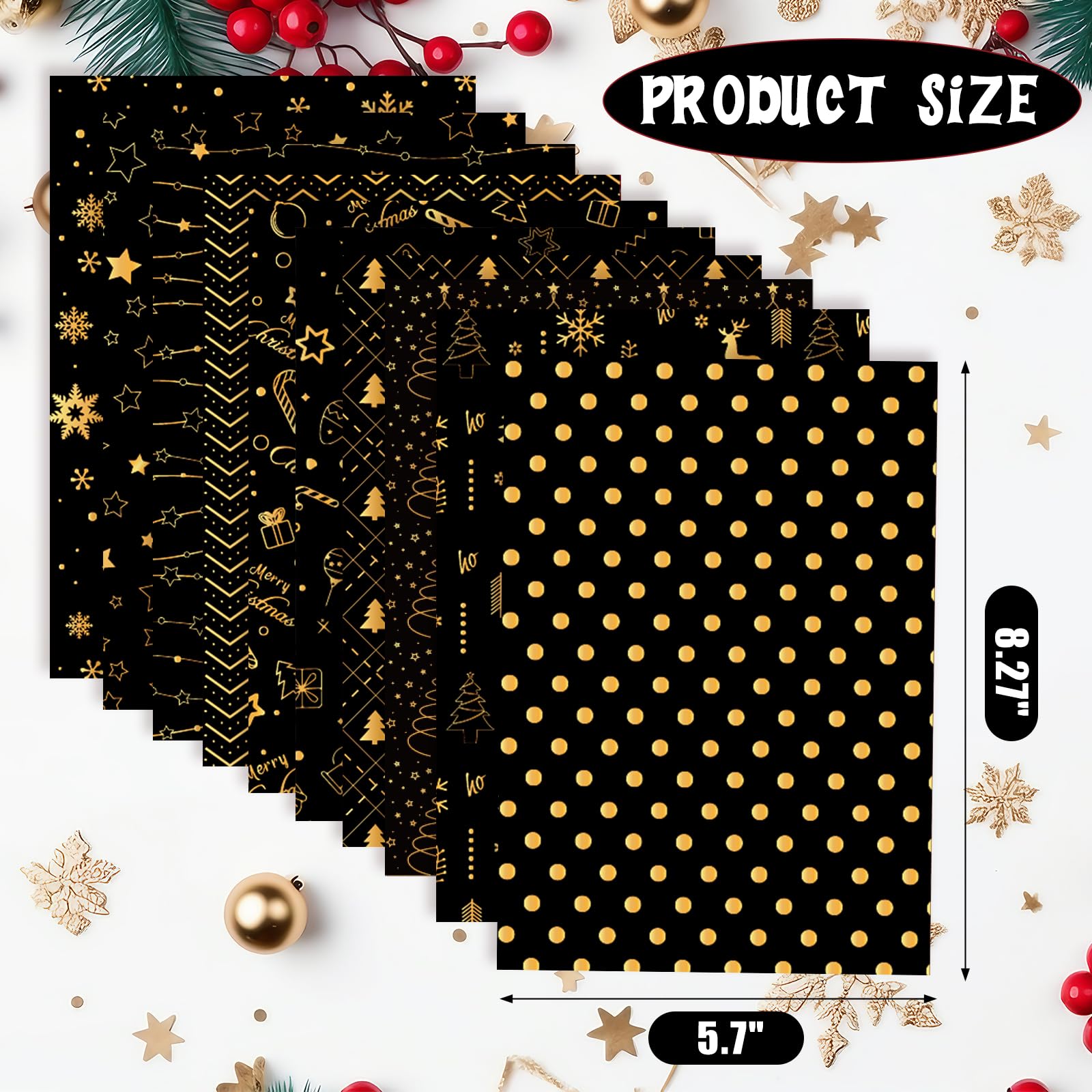 MIAHART 90 Sheets Merry Christmas Pattern Paper Set 10 Designs A5 Size Festival Decorative Craft Paper for Card Making Scrapbook (Black & Gold - Image 2