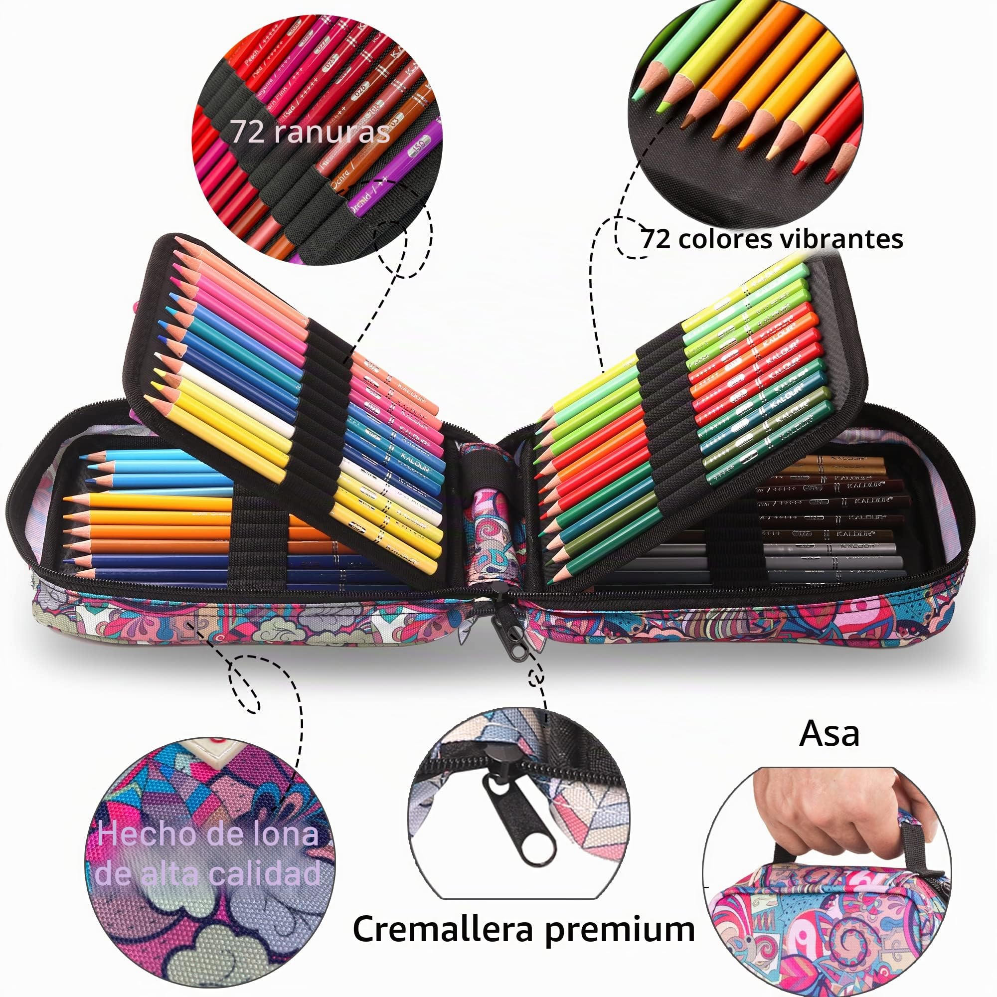 KALOUR 72 Lápices de colores de para libros de colorear para adultos, estuche con ranura para cremallera, con sacapuntas, núcleo suave