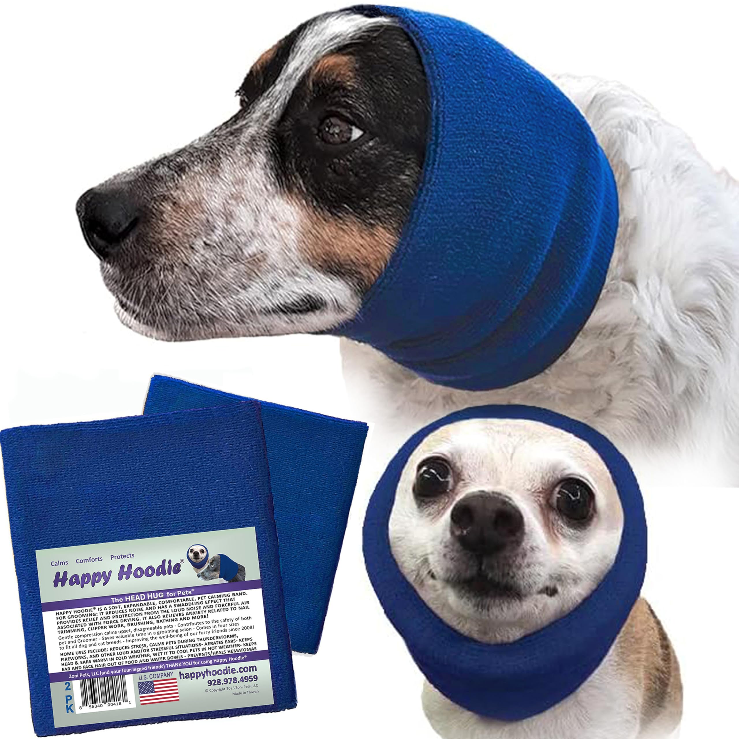 Happy Hoodie The Original Dog & Cat Calming Band - American Brand - Anxiety Relief/Noise Protection-Grooming-Thunder-Fireworks 2 Pack Blue (1 Small, 1
