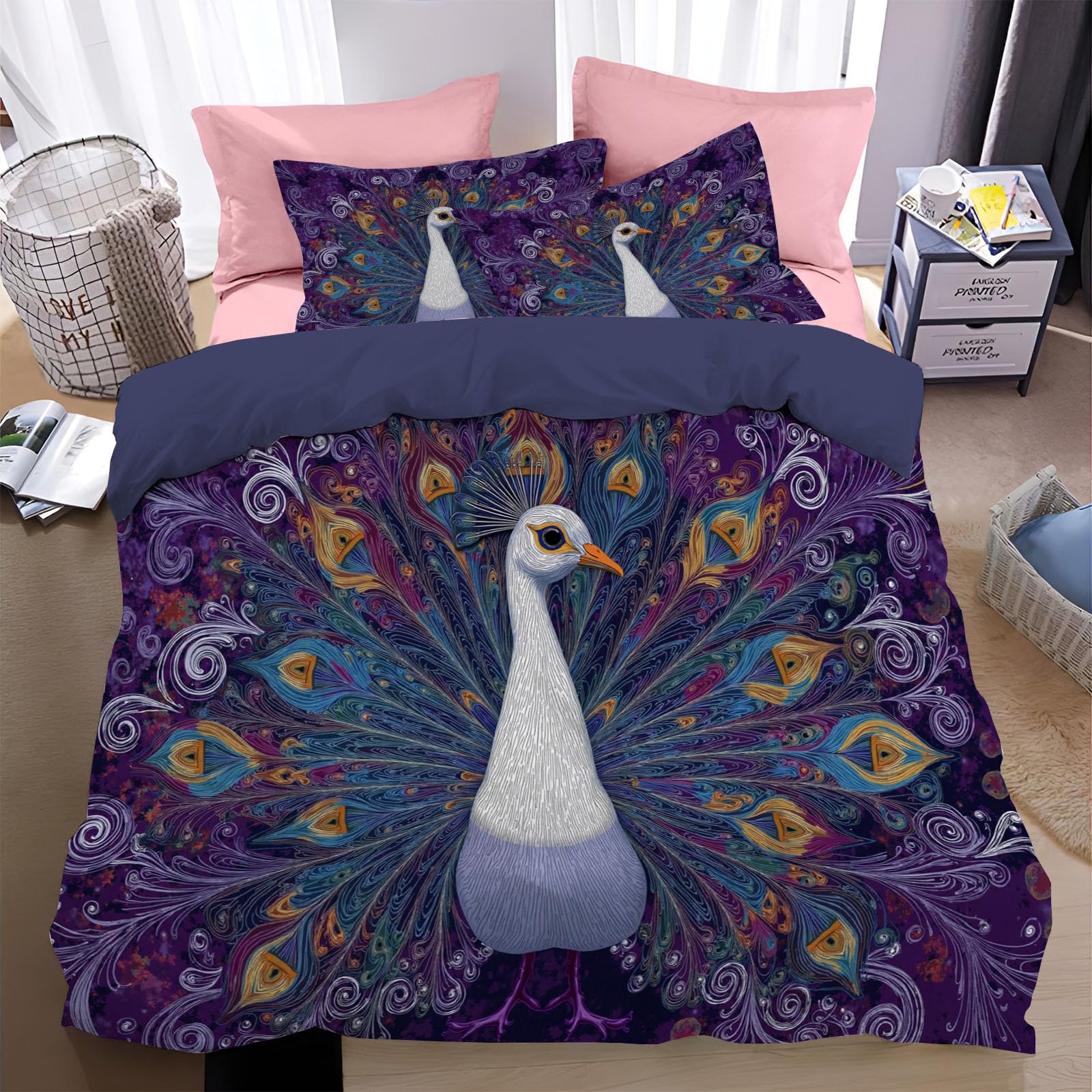 Housse de couette paon de luxe au design animal tourbillon pour parure de lit 2 personnes haut de gamme