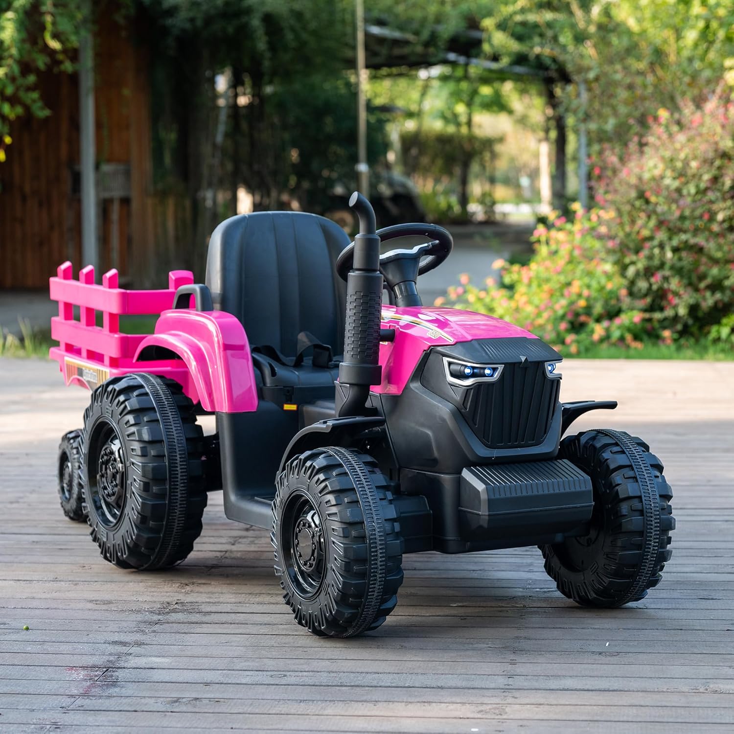 24V Kids Ride-On Tractor with Trailer, 400W Electric Farm Truck with Remote & Pedal Control, Headlights, USB MP3, Power Display, Adjustable Speeds, Safety Belt, Ride-On Toy Gift, Magenta