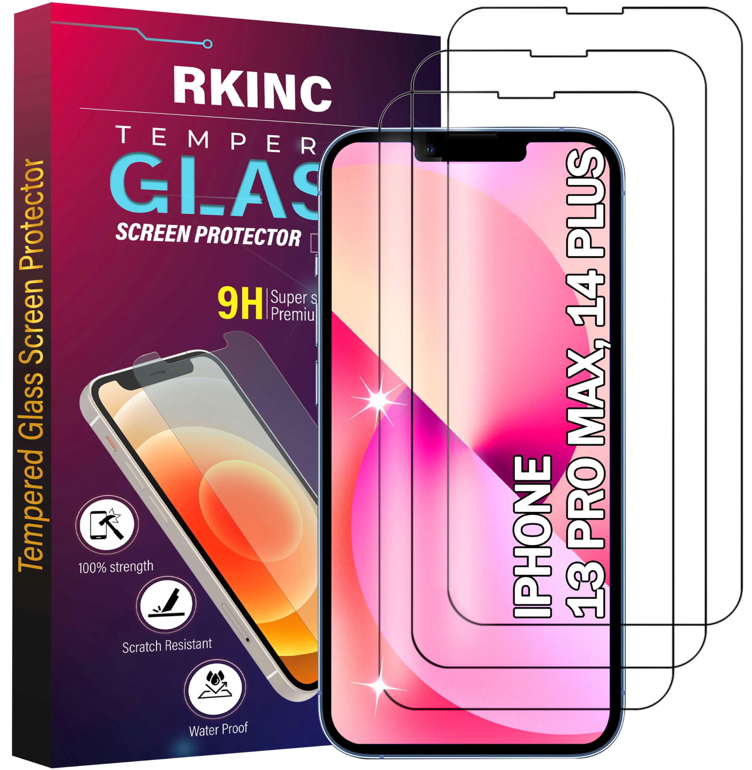 RKINC Protector pantalla [3 Piezas] para iPhone 13 Pro Max/iPhone 14 Plus 6.7-Inch, Cristal templado película de vidrio, 9H 0.33 mm [Garantía de por vida][Anti-rasguño][Anti-rotura][Sin burbujas]