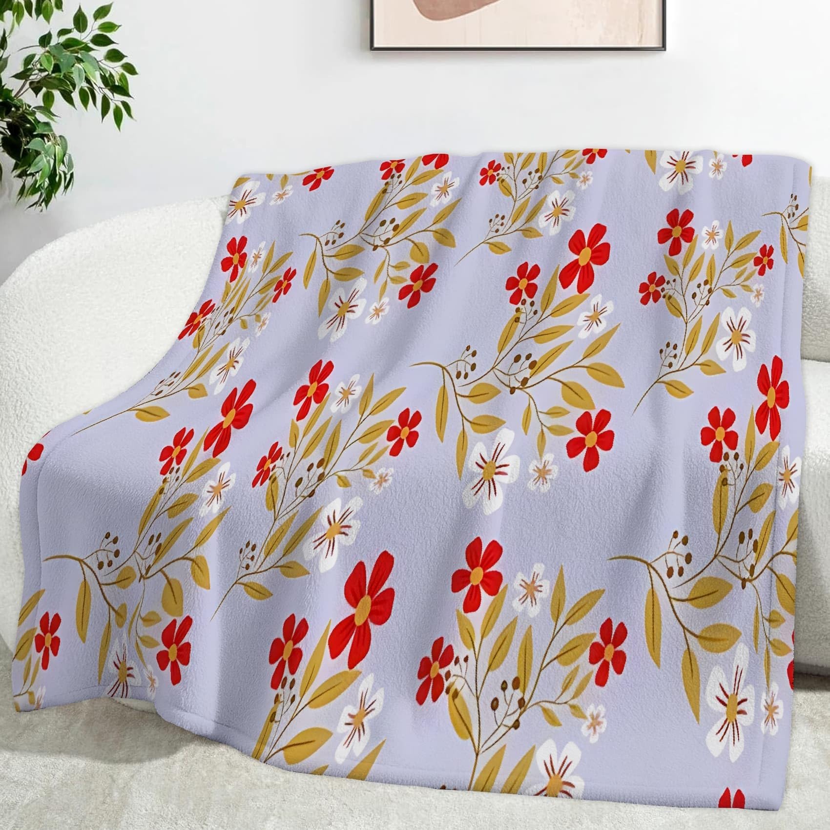 Czerwony i biały koc gałęzi w kwiaty świeżość retro koc polarowy flanelowy mikrofibra 180 x 220 cm, lekki, miękki, ciepły i wygodny, odpowiedni do sypialni i salonu