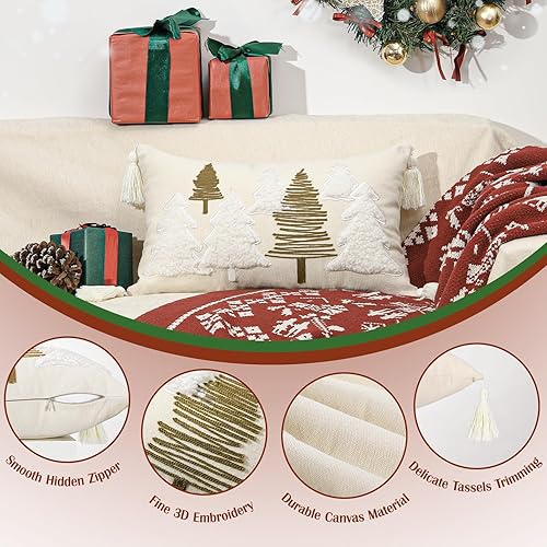 Miniatura 4 de Fundas de almohada de Navidad, 12 x 20 pulgadas, 1 unidad suave de terciopelo de pellets bordados de árboles marrón y blanco, funda de almohada