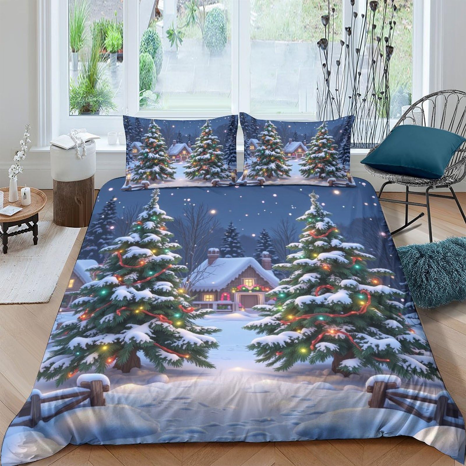 Ctjqhvkz Style-1 3D Printed Snowy Christmas Tree Fitted Sheet Microfiber Soft Winter Cabin Bed Cover For Bedroom Guest Room Decor Single（135X200cm）