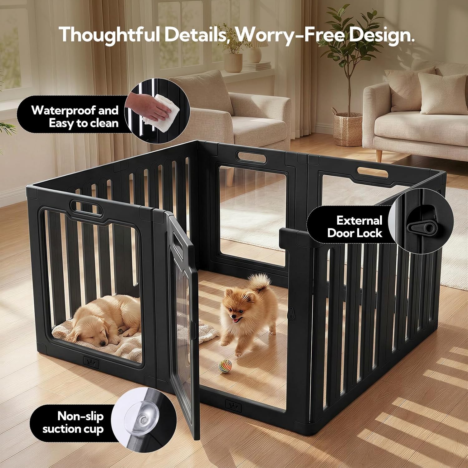 Soulbond Clear Acrylic Dog Playpen Indoor, Non-Slip,Tool-Free Assembly, External Door Lock Play Pen for Puppies and Small Dogs (24 Inch, Black, 8 Panel)
