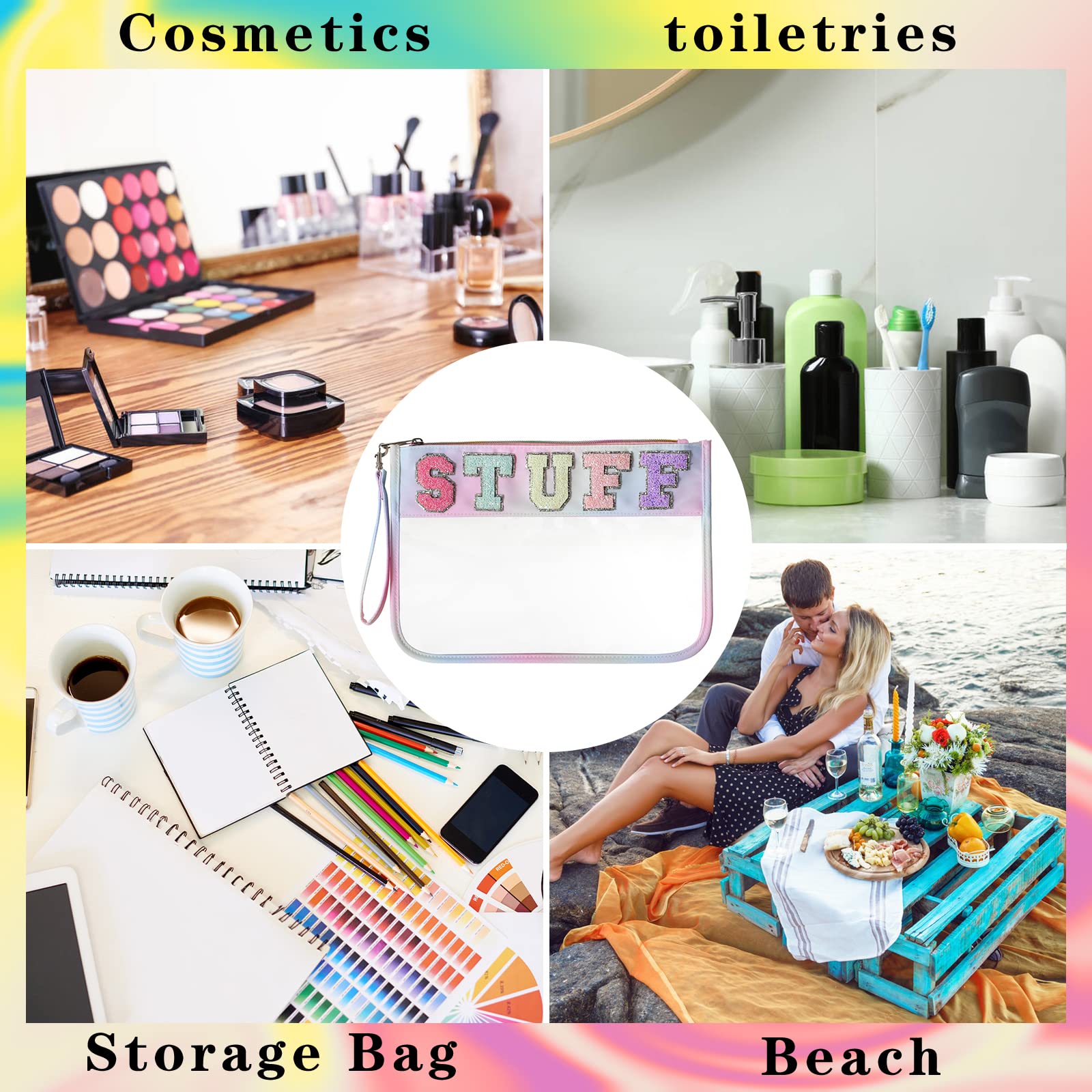 DYSHAYEN Bolsa de Chenilla Transparente con Cremallera para Viajes, Bolsa de cosméticos Transparente de Nailon, Bolsa de Viaje de Maquillaje para Mujer