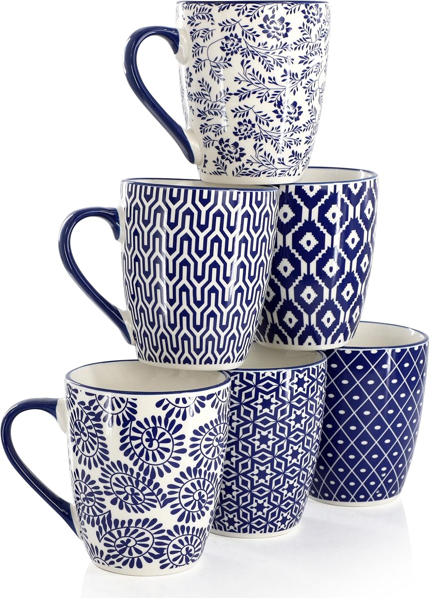 Declan 12 Ounce Assorted Design Stoneware Mug Set in Blue and White, 6 Piece Set