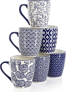 Elama Declan 12 Ounce Assorted Design Stoneware Mug Set in Blue and White, 6 Piece Set