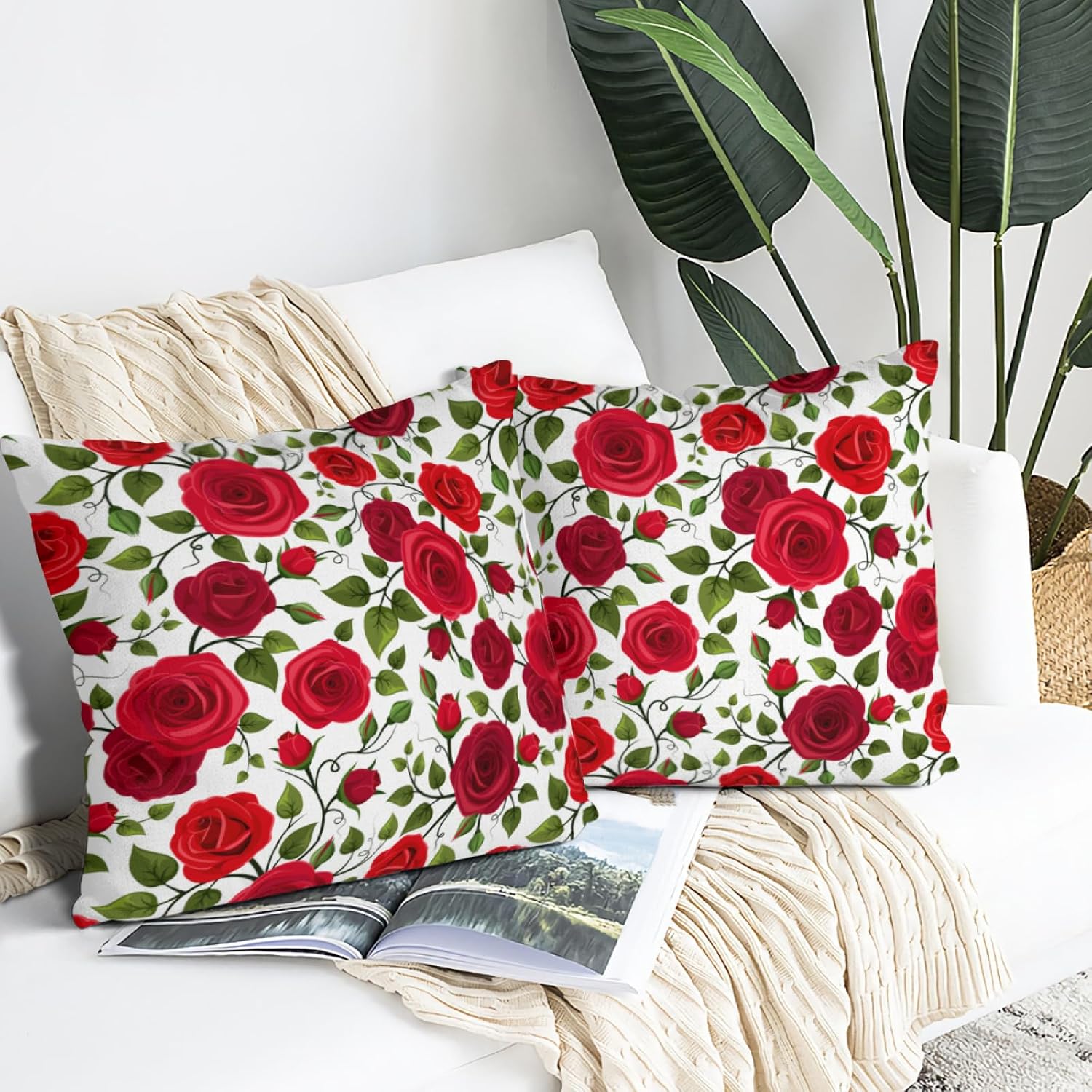 Red Rose Throw Pillow Covers 18"x18" Set of 2, Red Decorative Pillow Cases for Couch Sofa Chair Office Living Room Bedroom Decor Outdoor Pillowcase image 2
