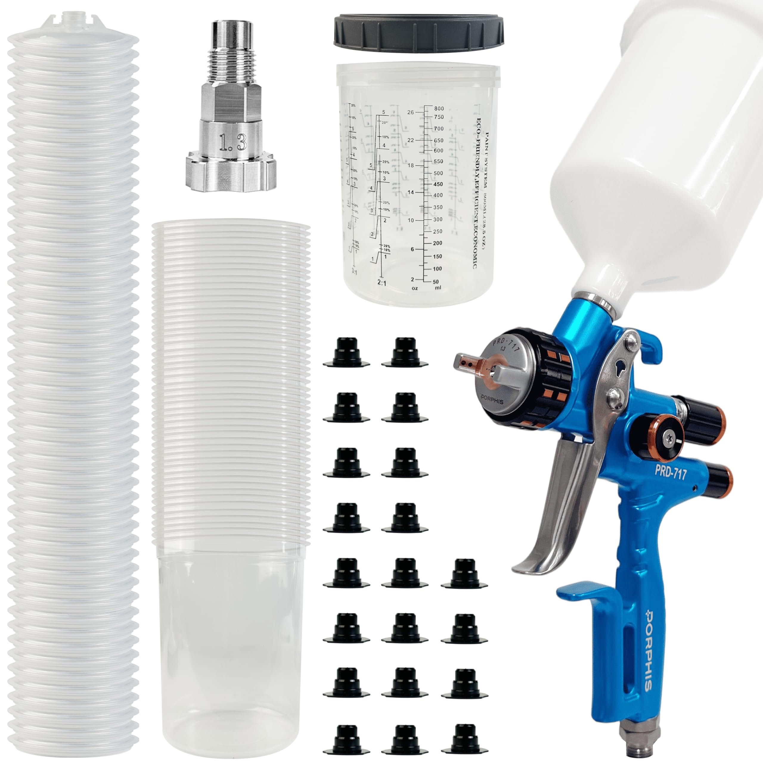 Paint Spray Gun PRD-717 VS Type with Split Nozzle 1.3mm Spray Gun + Disposable Paint Cups 800ml/27oz 50 Sets