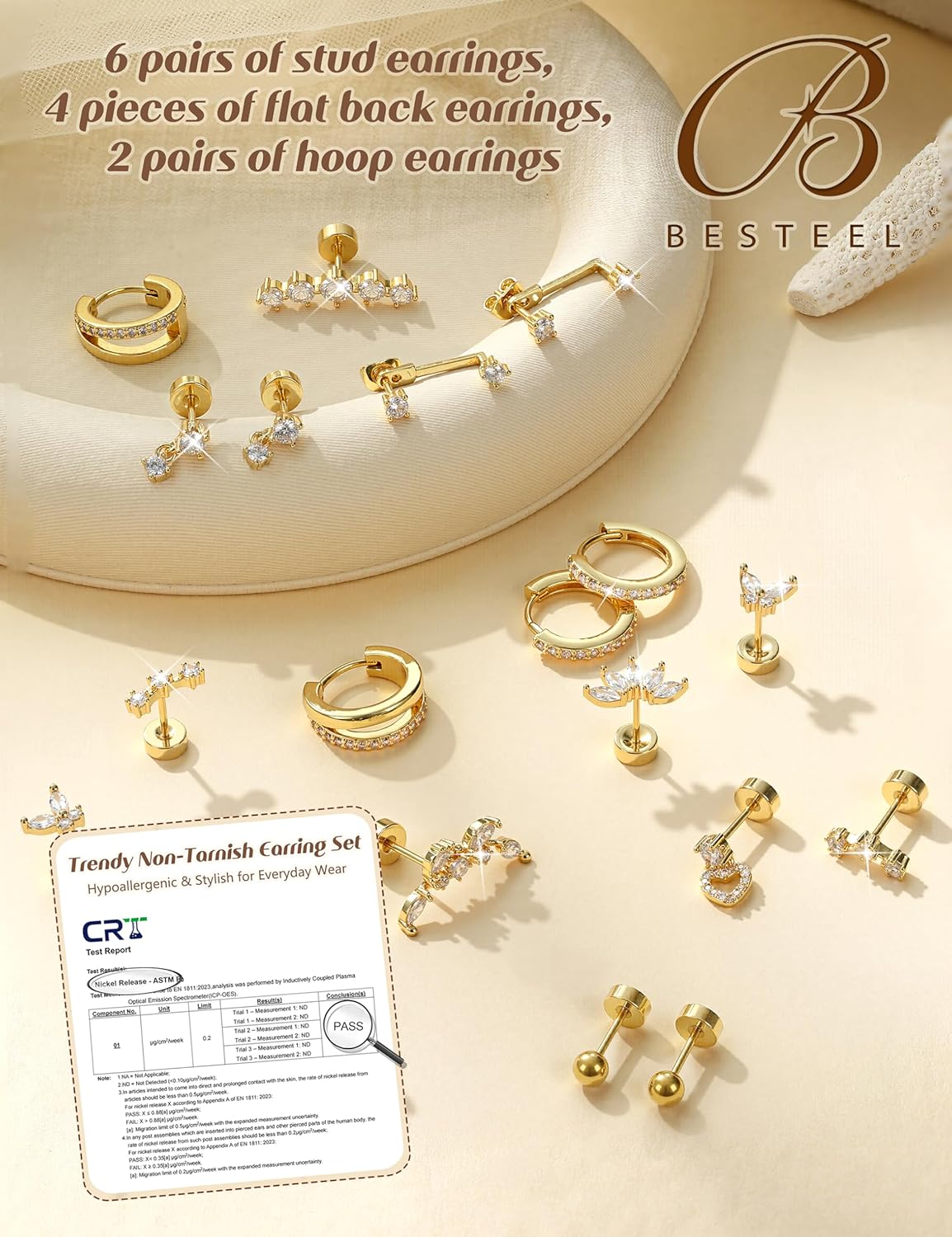 BESTEEL Hypoallergenic Flat Back Earrings Set - 14K Gold Plated Cartilage Earrings for Women Surgical Steel Flatback Stud Hoop Earring Stacks for Helix Tragus Conch Piercing Jewelry (Singles & Pairs) - Image 6