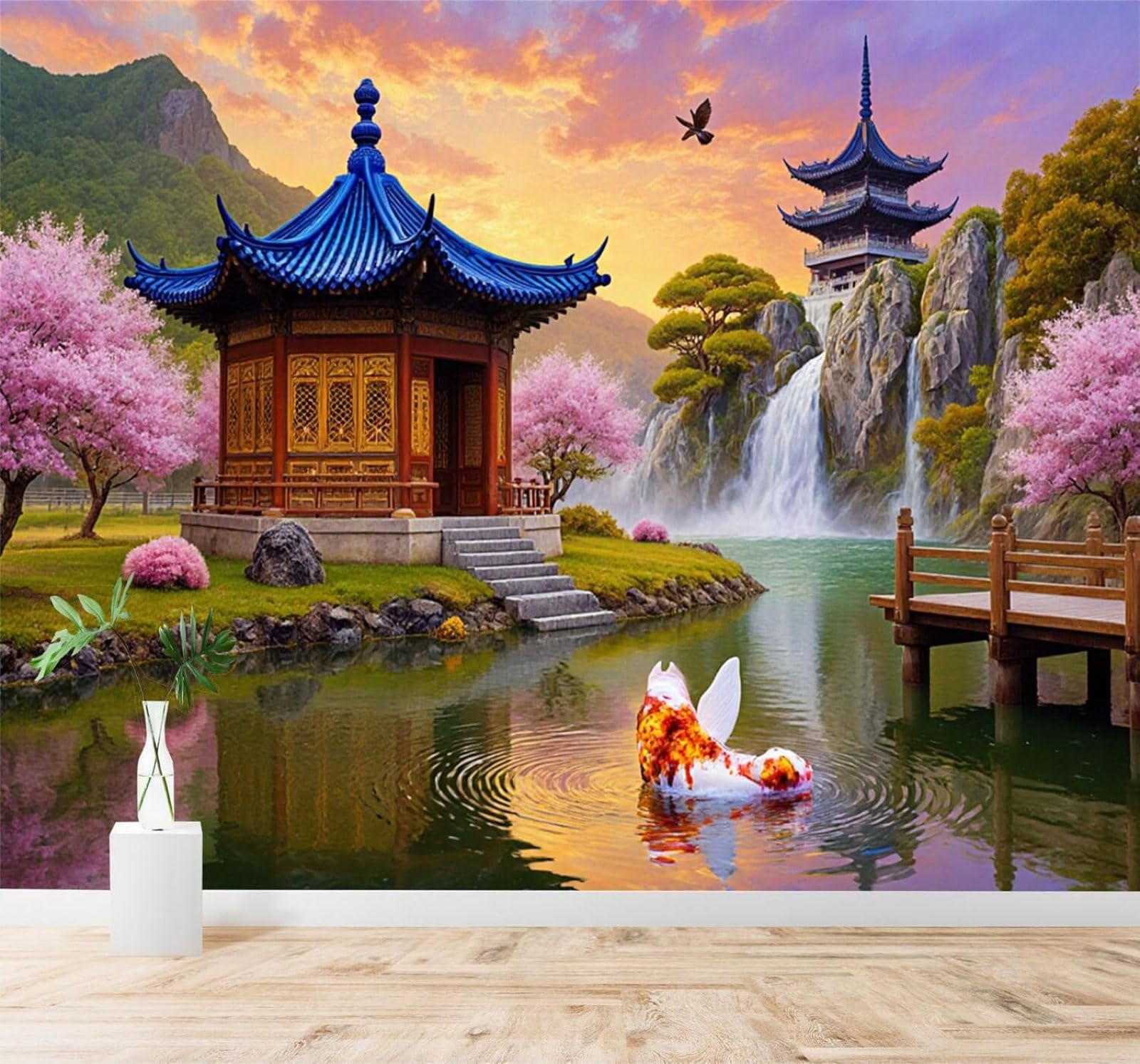 XLMING Beautiful Cherry Blossoms Waterfall Koi Pond Serene Natural Scenery 3D Wallpaper Premium Textured Silk Study Dining Living Room Bedroom Sofa TV Wall Easy Install-300cm×210cm