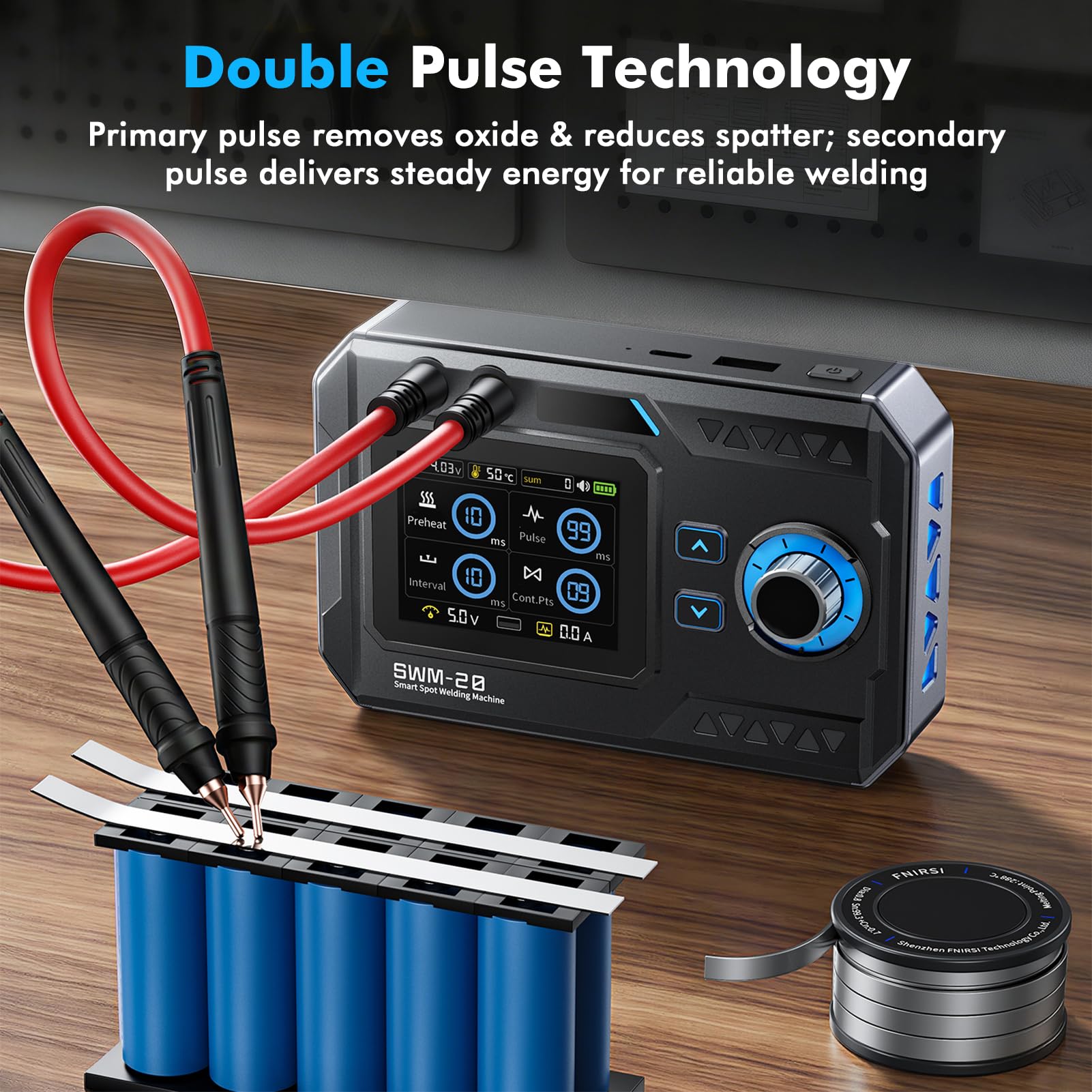 Soudeuse par Points, SWM-20 Poste à Souder à Batterie portable 5000 mAh avec double impulsion à courant élevé 1200 A quatre niveaux de puissance réglables pour tôles en acier inoxydable et en nickel