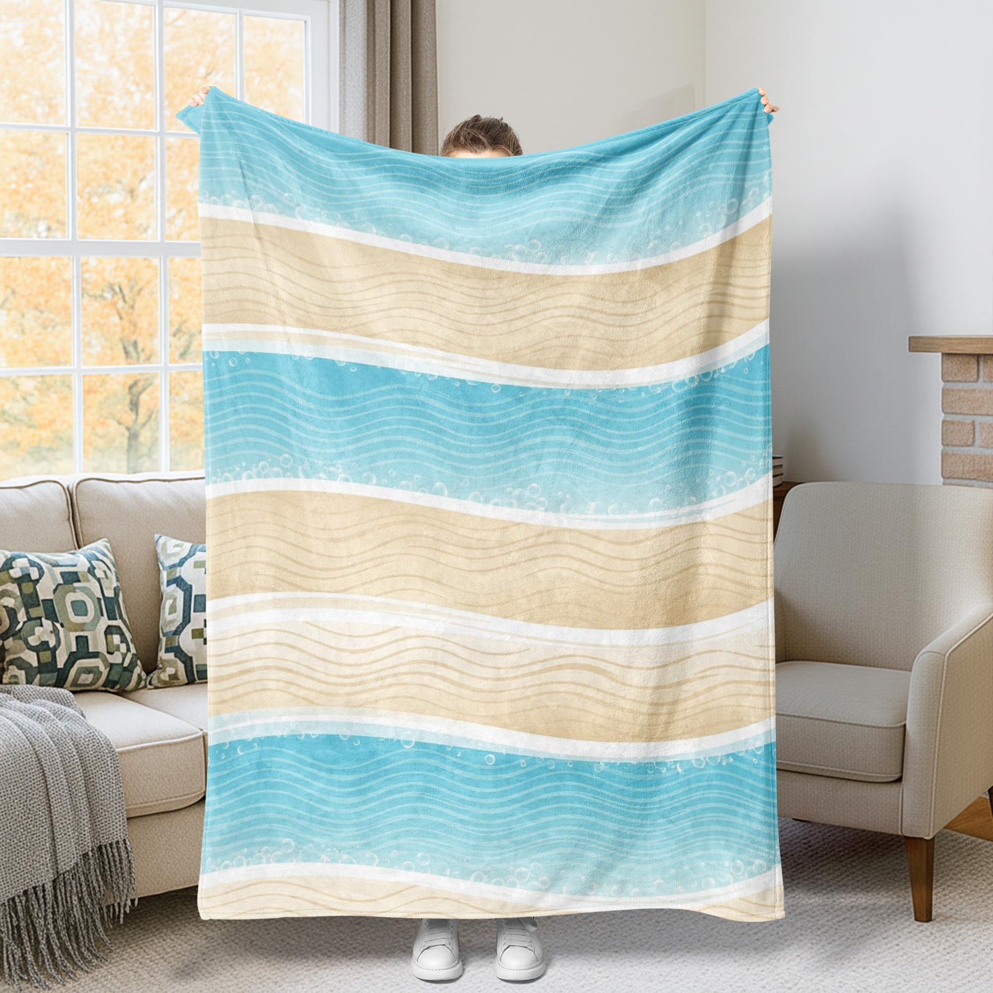 Couverture pelucheuse motif vagues haut de gamme bleu turquoise pour grand lit