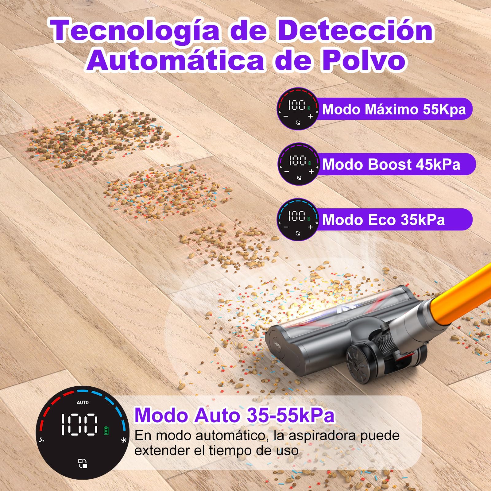 coovy SU7 Aspiradora sin Cable 580W/55Kpa/75Mins, Aspirador Escoba Vertical Potente con Pantalla Táctile LED, Antienredo y Modo Automático para Suelo Alfombras y Pelos de Animales
