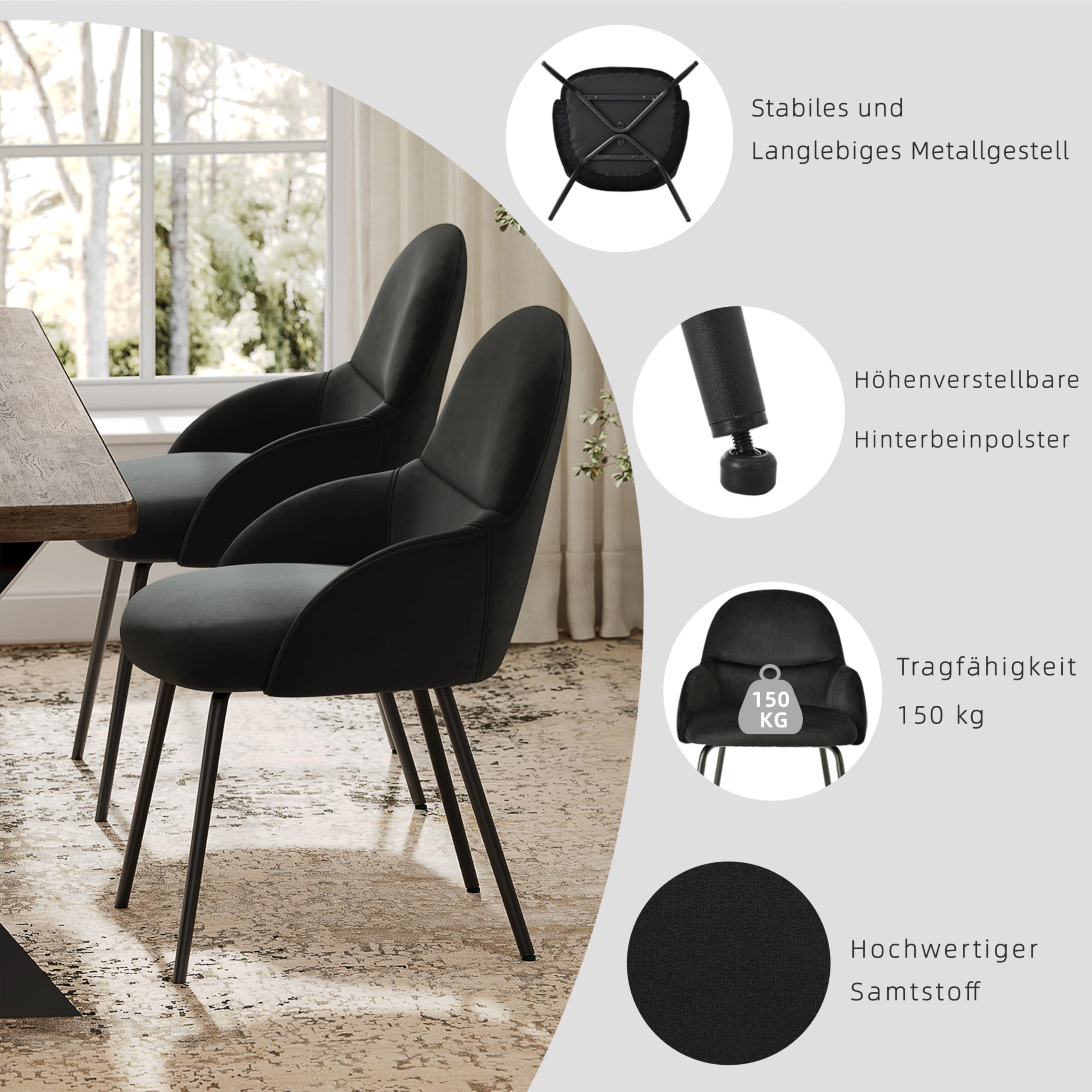 WAFTING Set di 2 Sedie Sala da Pranzo Moderne,Rotazione 360°,Sedie da Cucina Imbottite in Velluto con Braccioli,Regge 120 kg,Gambe in Metallo,Per Sala da Pranzo,Cucina,Soggiorno,Nero