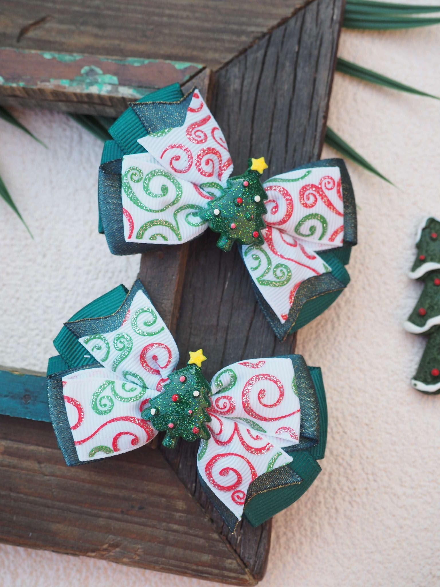 MeiMei Christmas Tree Hair Bow with Elastic Bobble, Handmade Girls Hair Tie, Grosgrain Ribbon Hair Accessories - Image 2