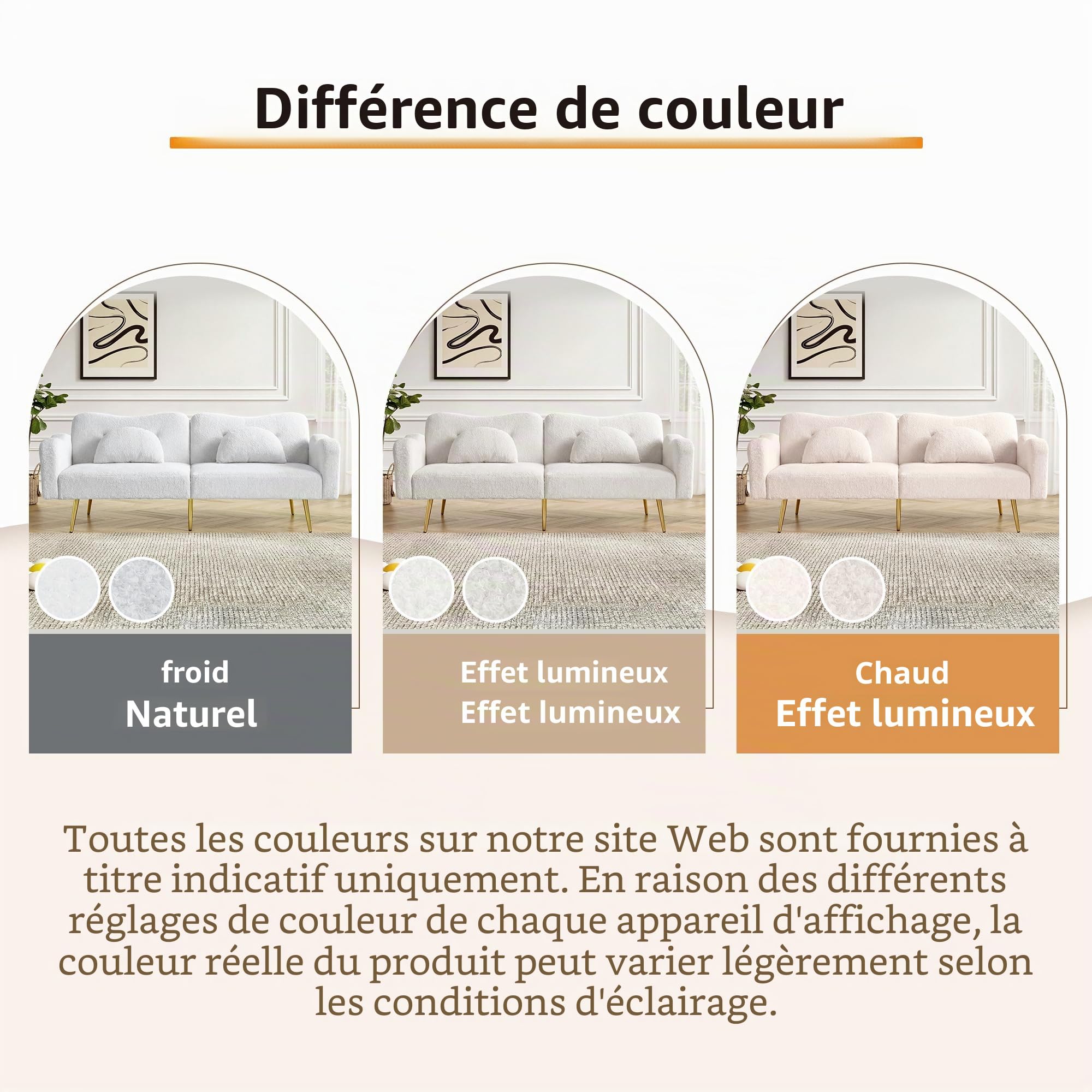 OKMYHOME Canapé Droit Convertible 2 Places avec Dossier 3 Positions et Revêtement Laine d'agneau - Pieds en Métal - Beige