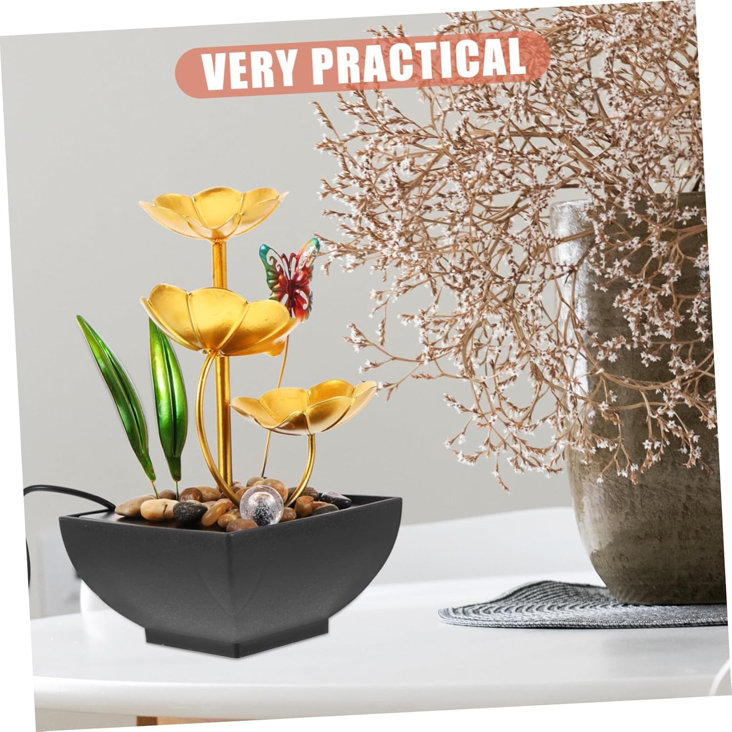 LIFKOME Tabletop Water Fountain Decor Iron Art Design Mini Indoor Waterfall Ornament for Office and Home Relaxation Fountain for Desk LED Lights