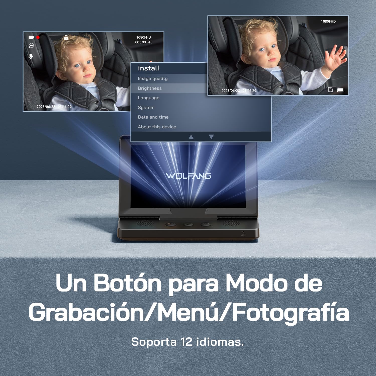 WOLFANG Espejo de Coche para Bebé HD 1080P Espejo Retrovisor para Coche de Bebé, USB-C Plug and Play Fácil Instalación, Monitor para Bebé con Pantalla de 5 Pulgadas y Cámara de Visión Nocturna