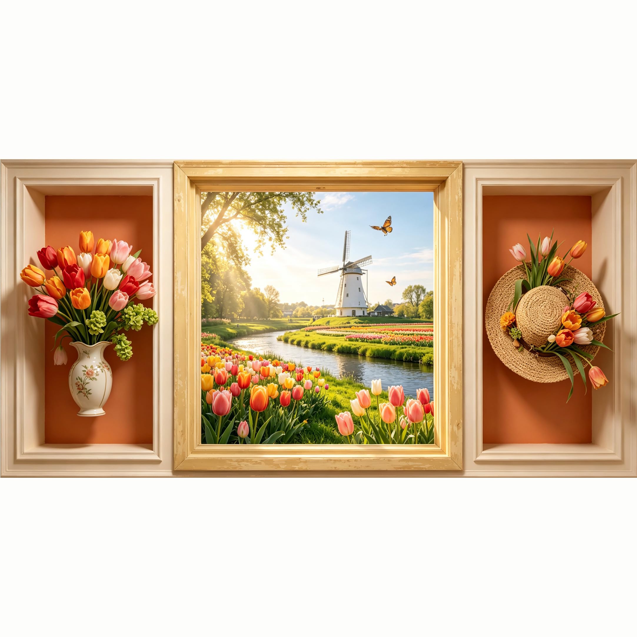 QZLITHOTIC 50x100cm 3D Framed Wall Art， Botanical Dutch Windmill Tulip Farmhouse Mural， Water‑Activated Peel & Stick Fabric Decor Wall Decal for Bedroom Living Room