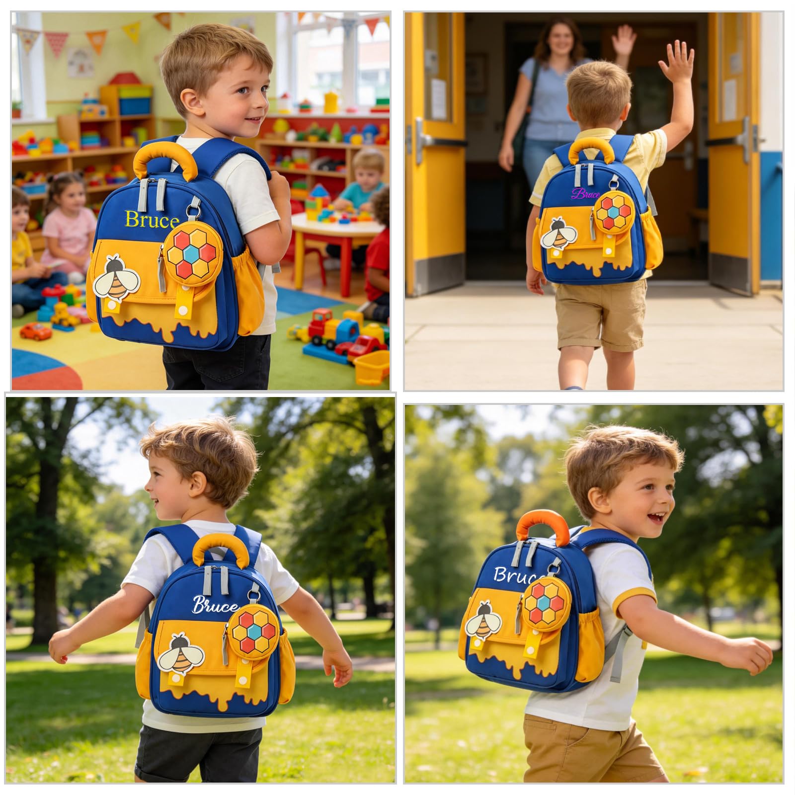 Generico Zaino personalizzato con nome ricamato per bambini, zaino asilo nido e materna, leggero e pratico per maschi e femmine, idea regalo originale per compleanno e rientro a scuola (Le api)