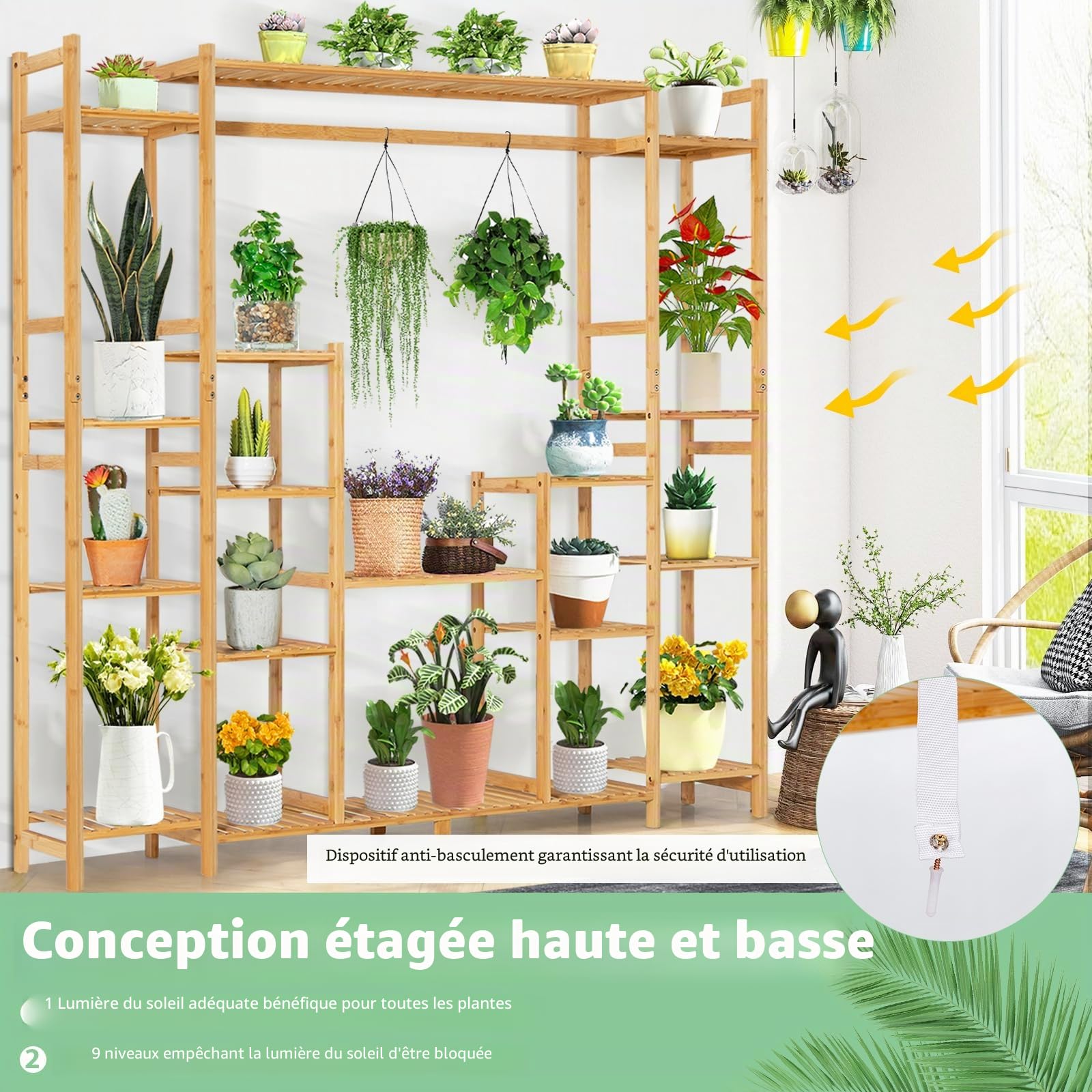 HOMASIS Étagère à fleurs, avec 18 étagères et barre de suspension, en bambou, pour salon, balcon, jardin, terrasse, 167 x 30 x 166 cm, naturel