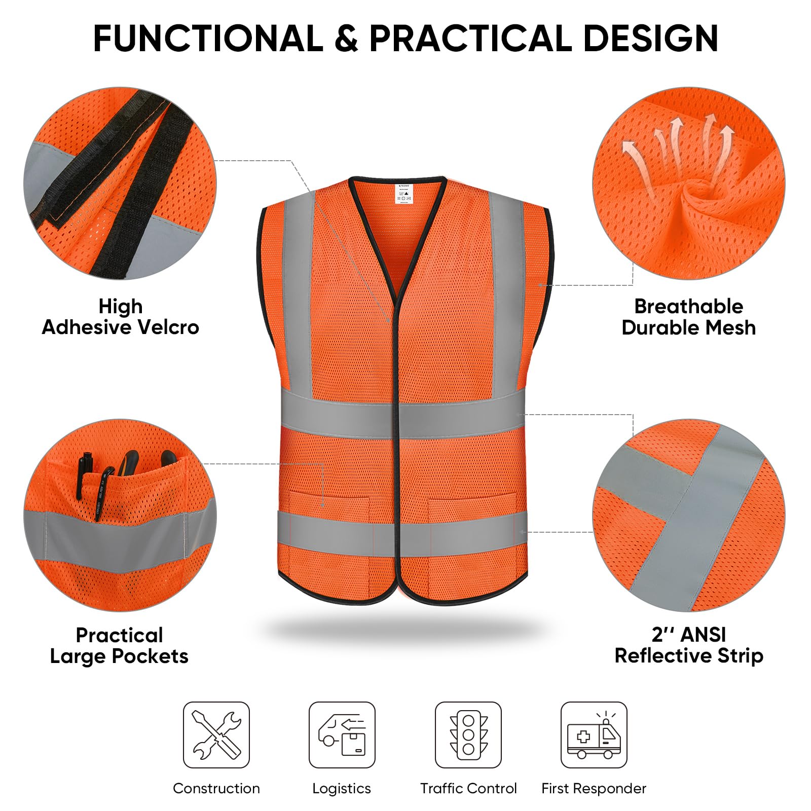 TICONN Gilet de sécurité réfléchissant à haute visibilité avec bandes réfléchissantes pour homme et femme, conforme à la norme ANSI II